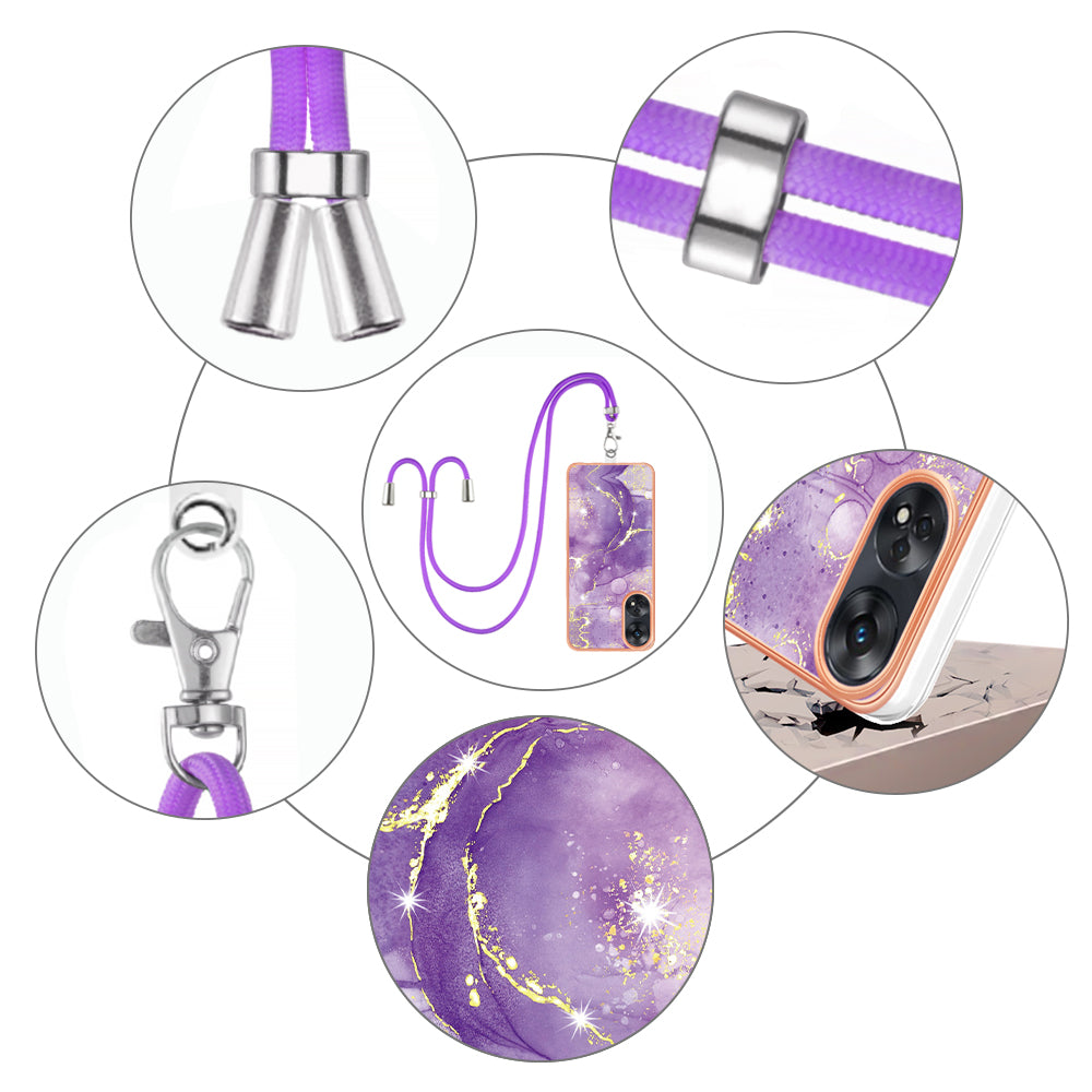 YB IMD Series-9  Electroplated TPU Cover for Oppo Reno8 T 4G Marble Pattern IMD Phone Case with Lanyard - Purple 002