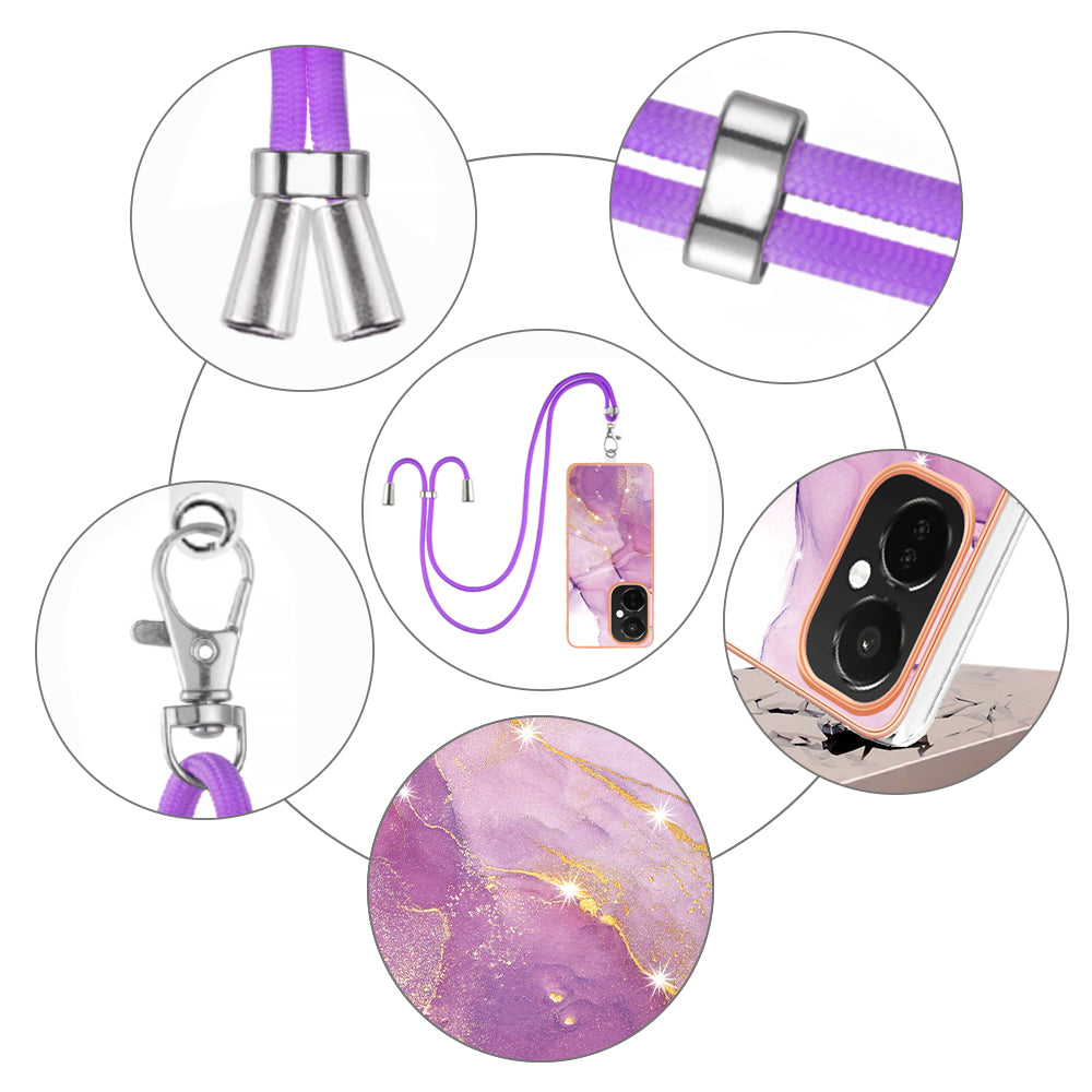 YB IMD Series-9 For OnePlus Nord CE 3 Lite 5G / N30 5G Marble Pattern IMD Case Electroplated TPU Cover with Lanyard - Purple 001