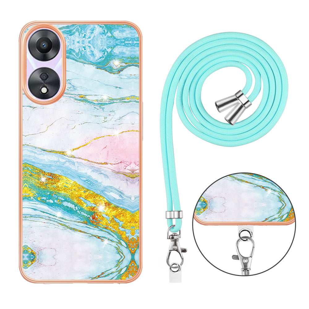 YB IMD Series-9 For Oppo A78 / A58 5G Electroplating Frame TPU Cover IMD Marble Pattern Phone Case with Lanyard - Green 004