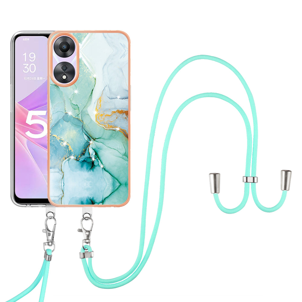 YB IMD Series-9 For Oppo A78 / A58 5G Electroplating Frame TPU Cover IMD Marble Pattern Phone Case with Lanyard - Green 003