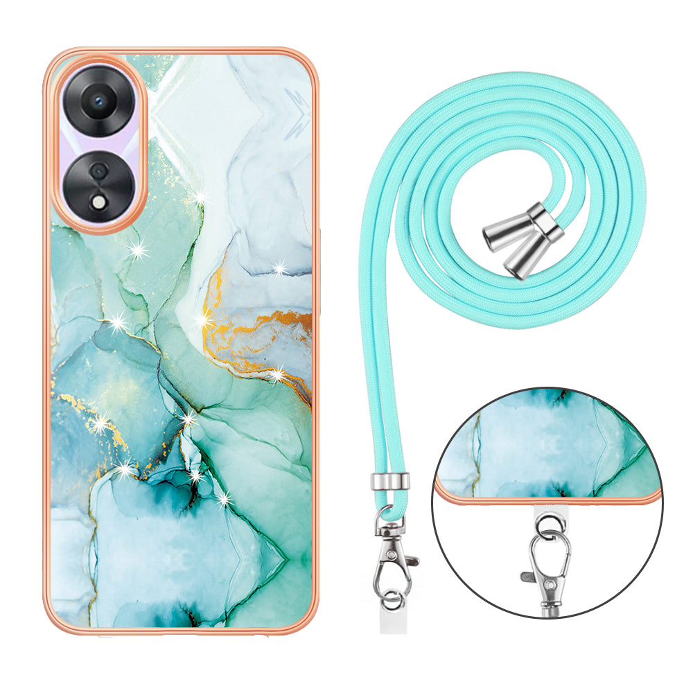 YB IMD Series-9 For Oppo A78 / A58 5G Electroplating Frame TPU Cover IMD Marble Pattern Phone Case with Lanyard - Green 003
