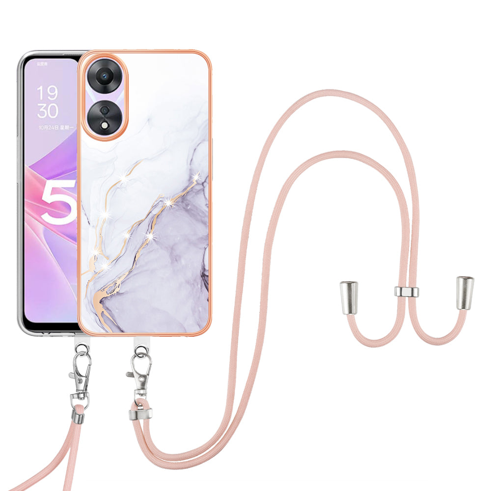 YB IMD Series-9 For Oppo A78 / A58 5G Electroplating Frame TPU Cover IMD Marble Pattern Phone Case with Lanyard - White 006
