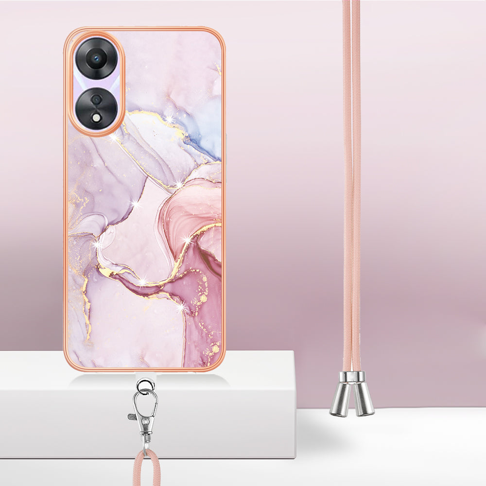 YB IMD Series-9 For Oppo A78 / A58 5G Electroplating Frame TPU Cover IMD Marble Pattern Phone Case with Lanyard - Rose Gold 005