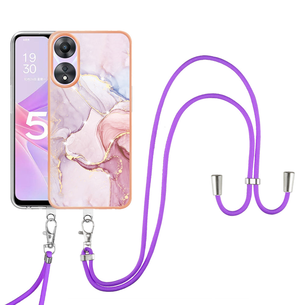 YB IMD Series-9 For Oppo A78 / A58 5G Electroplating Frame TPU Cover IMD Marble Pattern Phone Case with Lanyard - Purple 001