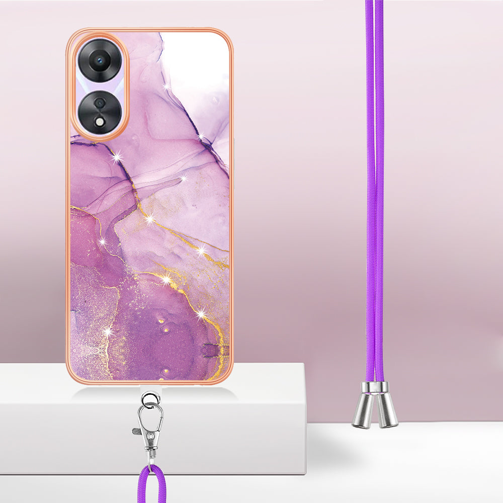 YB IMD Series-9 For Oppo A78 / A58 5G Electroplating Frame TPU Cover IMD Marble Pattern Phone Case with Lanyard - Purple 001