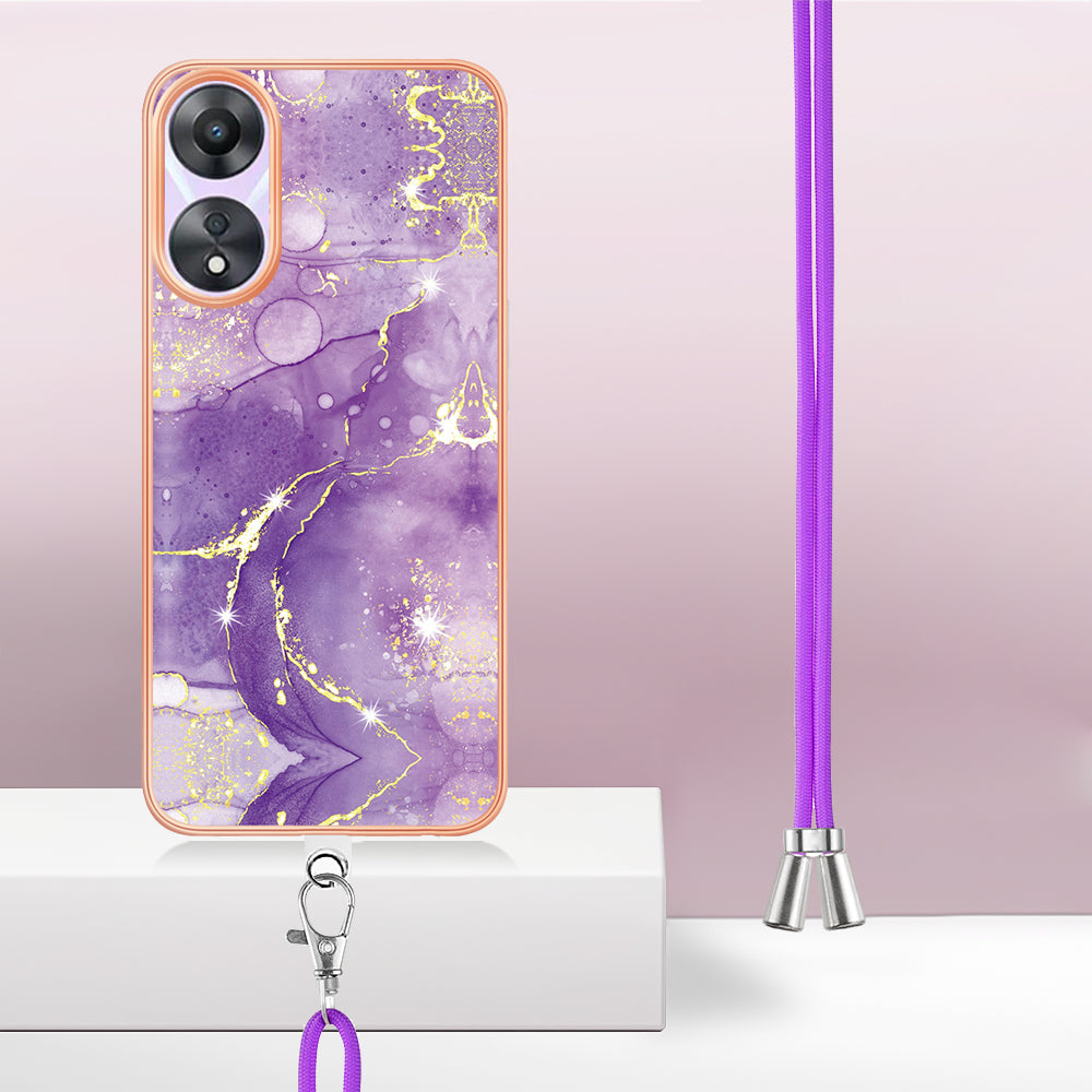 YB IMD Series-9 For Oppo A78 / A58 5G Electroplating Frame TPU Cover IMD Marble Pattern Phone Case with Lanyard - Purple 002