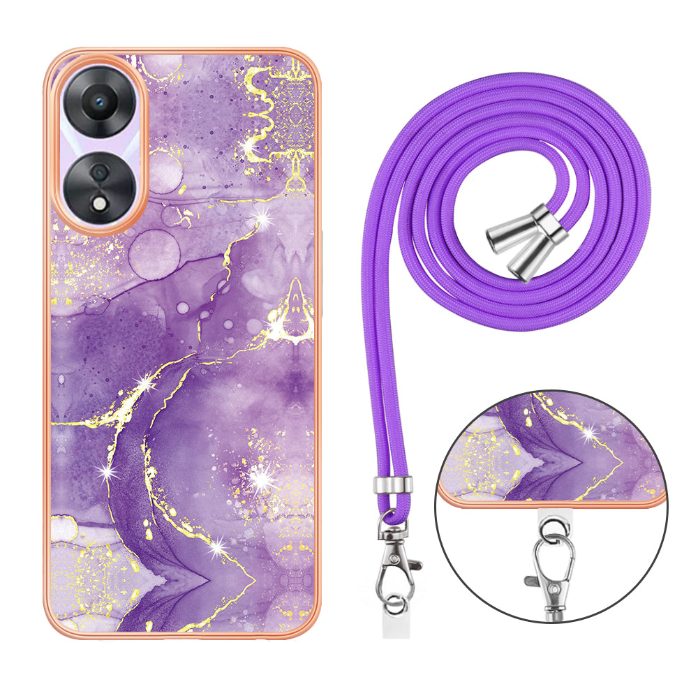 YB IMD Series-9 For Oppo A78 / A58 5G Electroplating Frame TPU Cover IMD Marble Pattern Phone Case with Lanyard - Purple 002