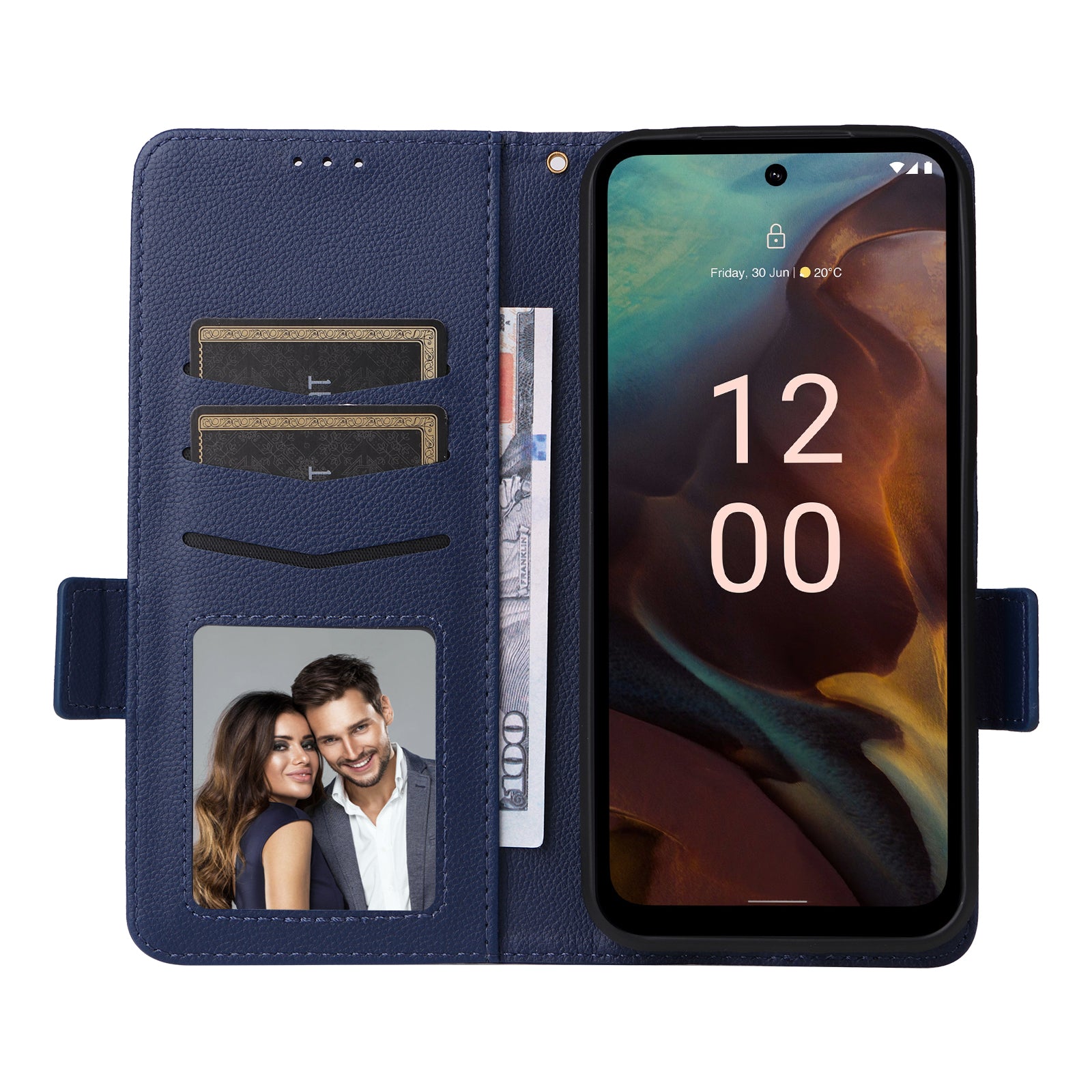 Wallet Stand Phone Case for Nokia XR21 Litchi Texture PU Leather Shockproof Cover - Dark Blue