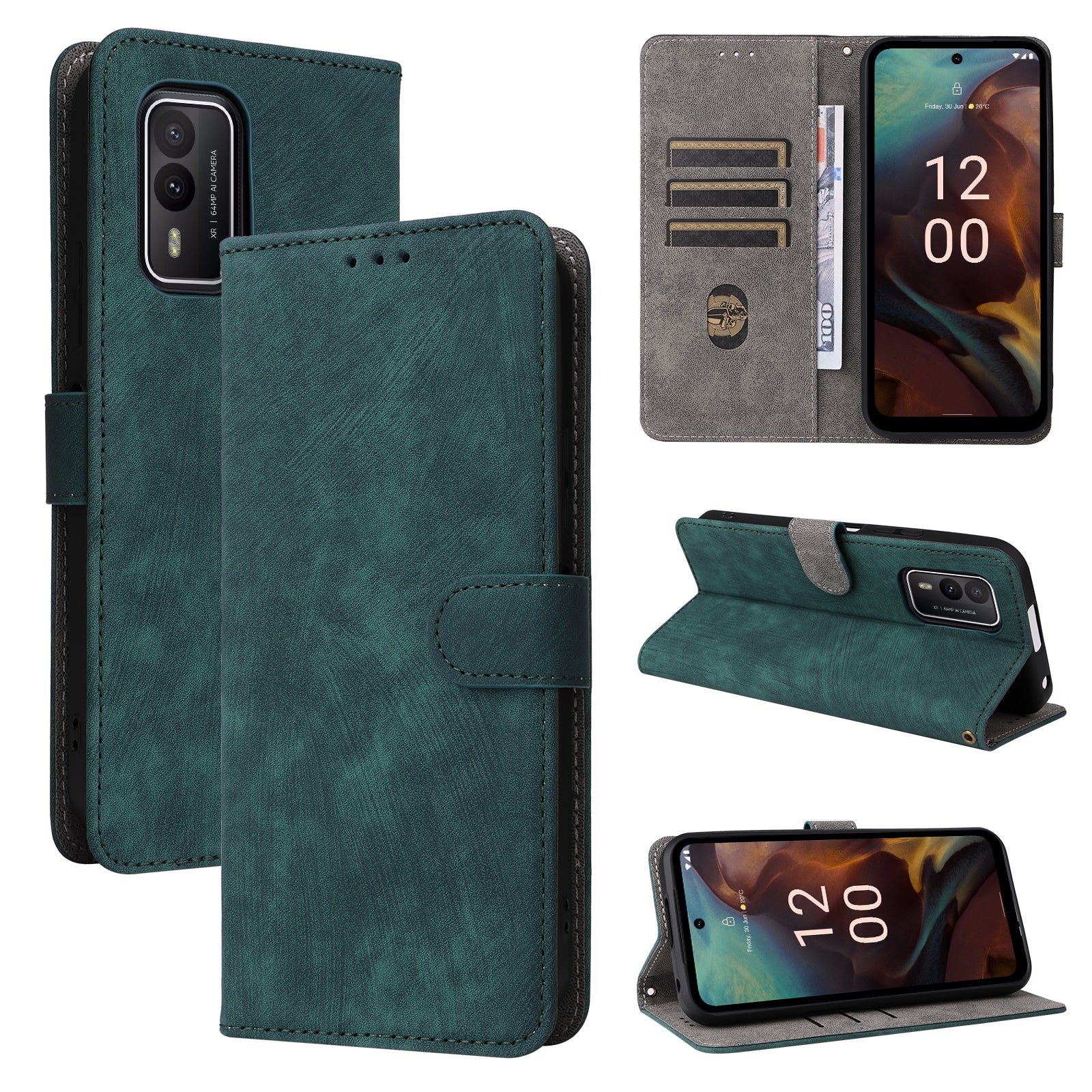 Uniqkart for Nokia XR21 RFID Blocking Phone Cover Wallet Stand Shell Shockproof Leather Case - Green