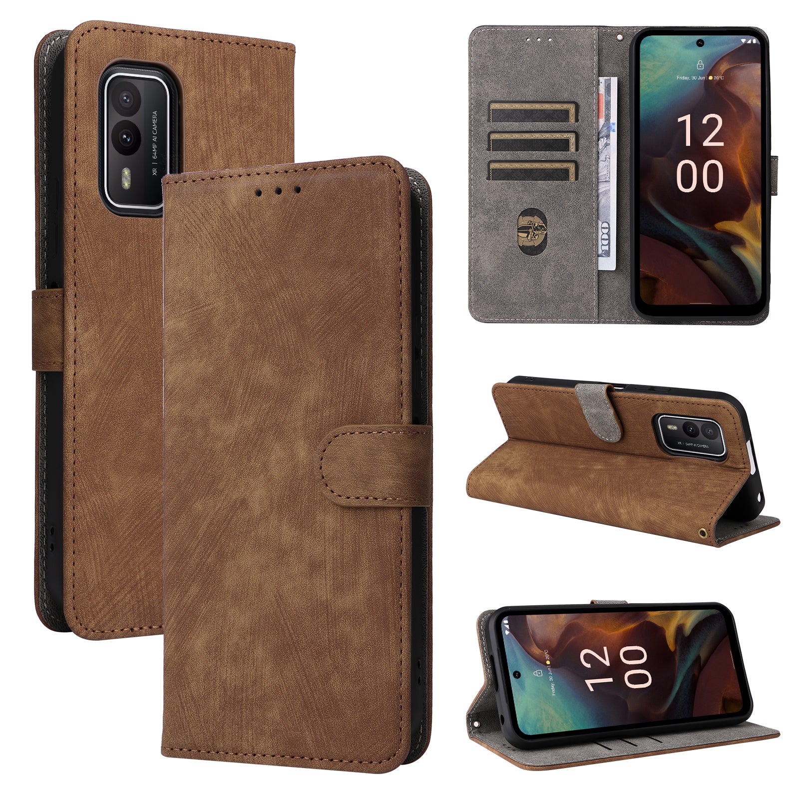 Uniqkart for Nokia XR21 RFID Blocking Phone Cover Wallet Stand Shell Shockproof Leather Case - Brown
