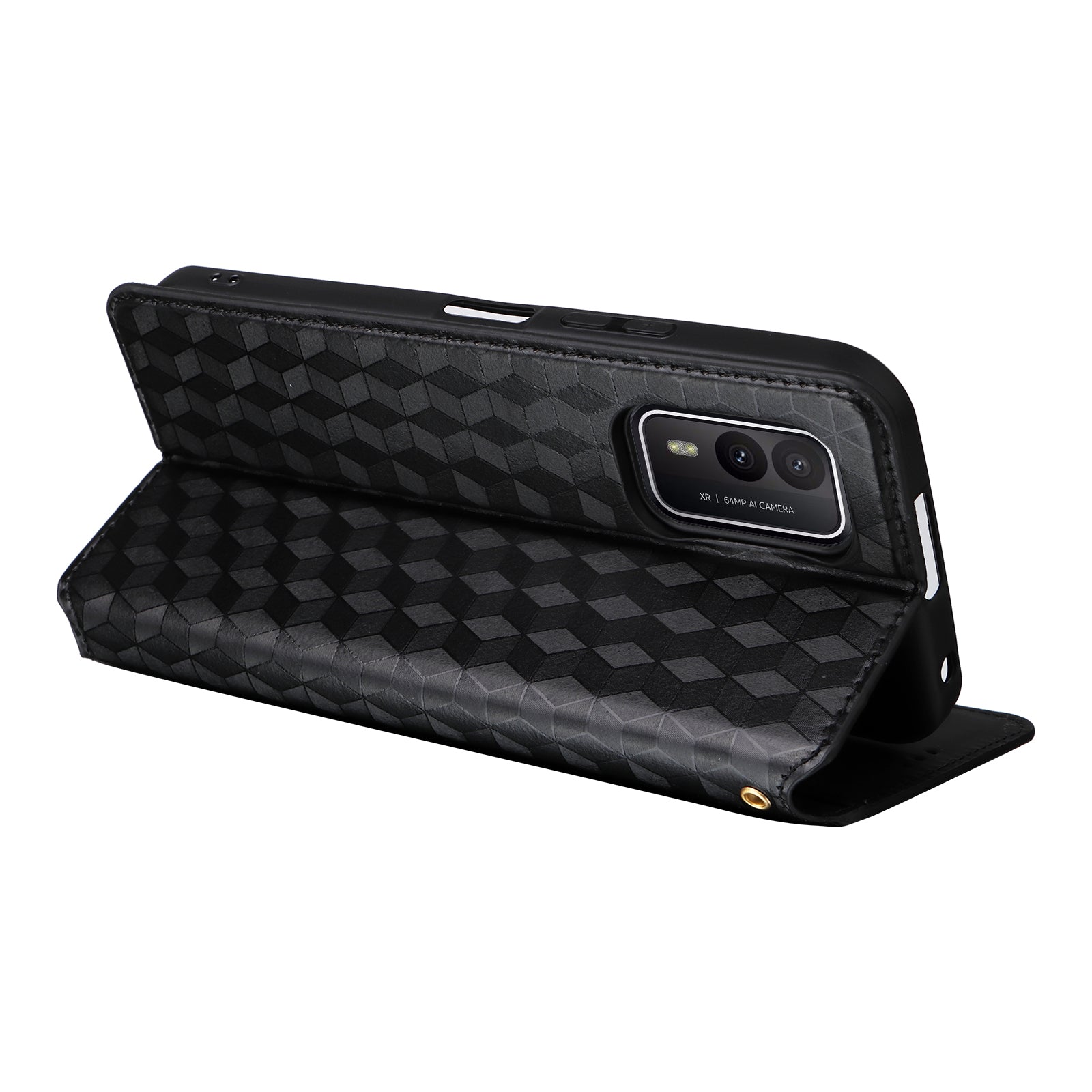 Rhombus Imprinted Shell for Nokia XR21 Bump Proof Phone Cover Stand PU Leather Case - Black