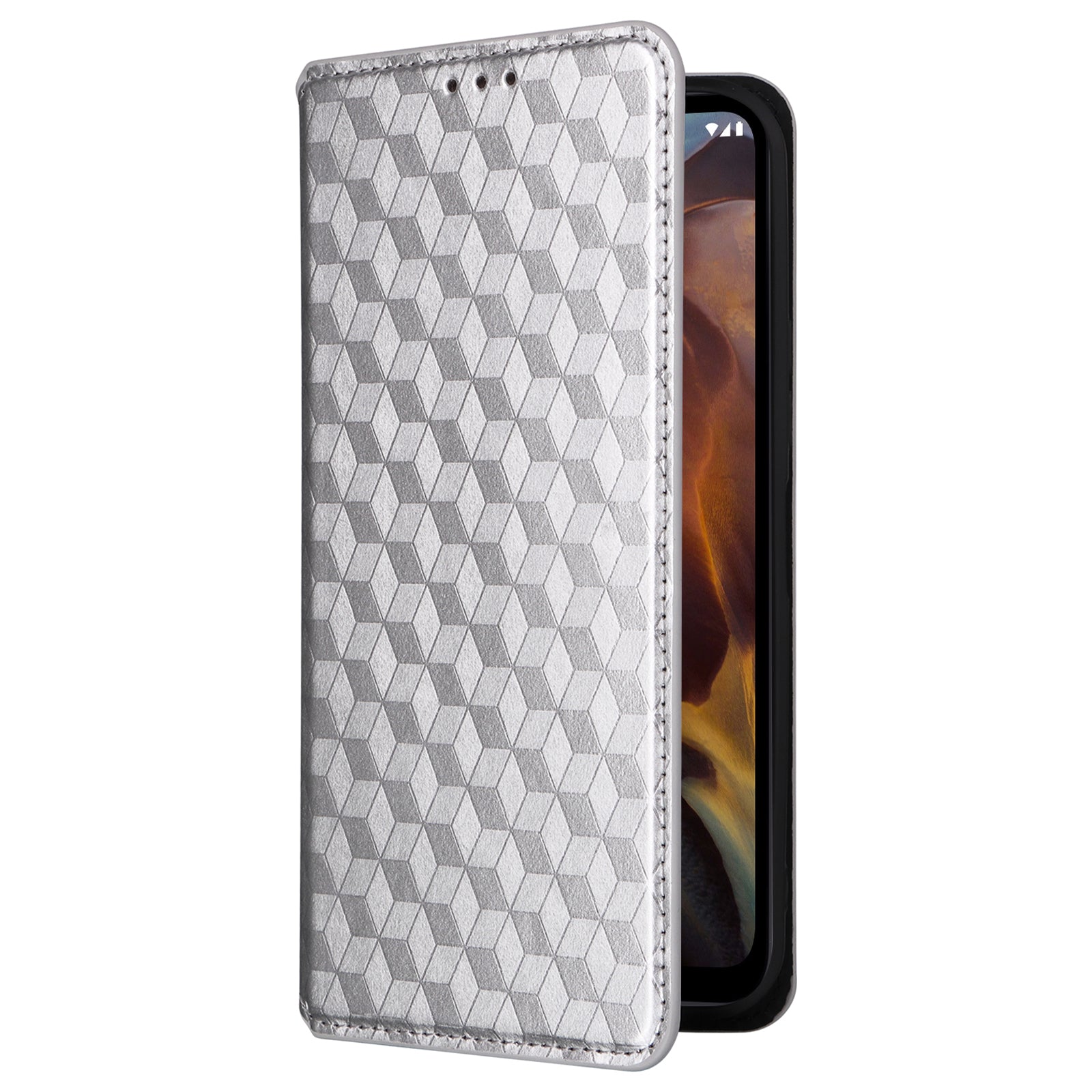 Rhombus Imprinted Shell for Nokia XR21 Bump Proof Phone Cover Stand PU Leather Case - Silver