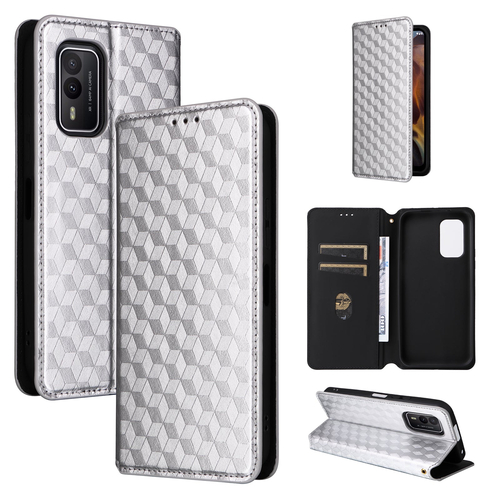 Rhombus Imprinted Shell for Nokia XR21 Bump Proof Phone Cover Stand PU Leather Case - Silver
