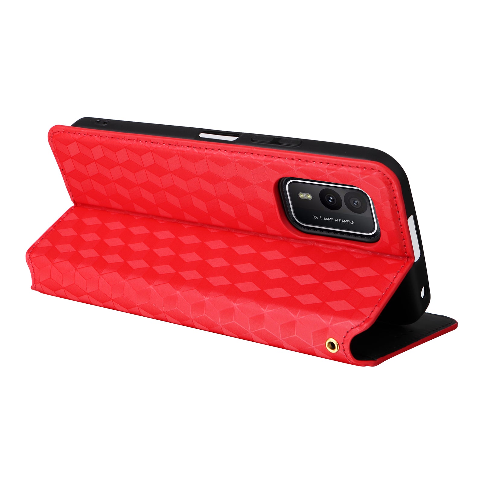 Rhombus Imprinted Shell for Nokia XR21 Bump Proof Phone Cover Stand PU Leather Case - Red