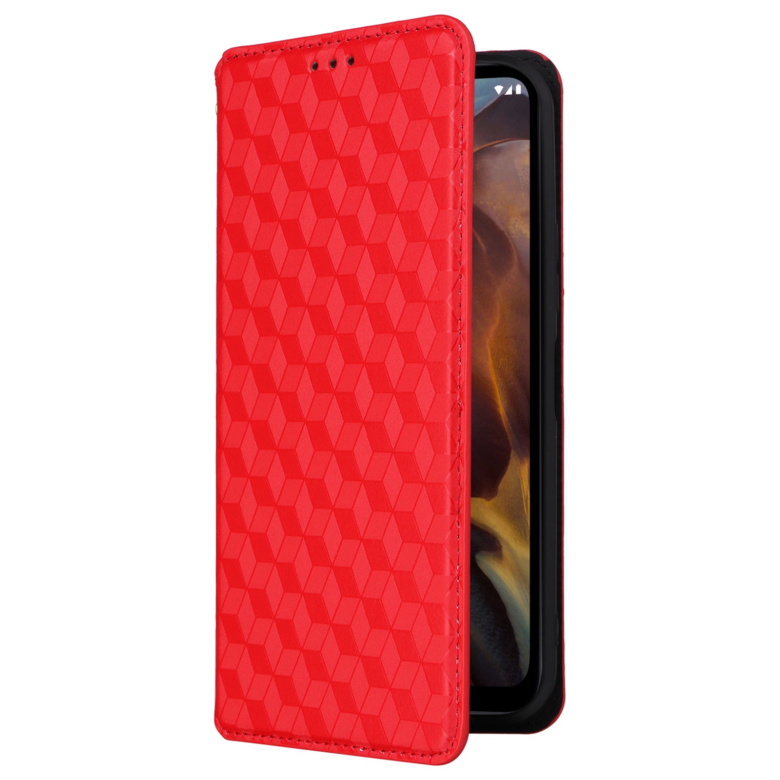 Rhombus Imprinted Shell for Nokia XR21 Bump Proof Phone Cover Stand PU Leather Case - Red