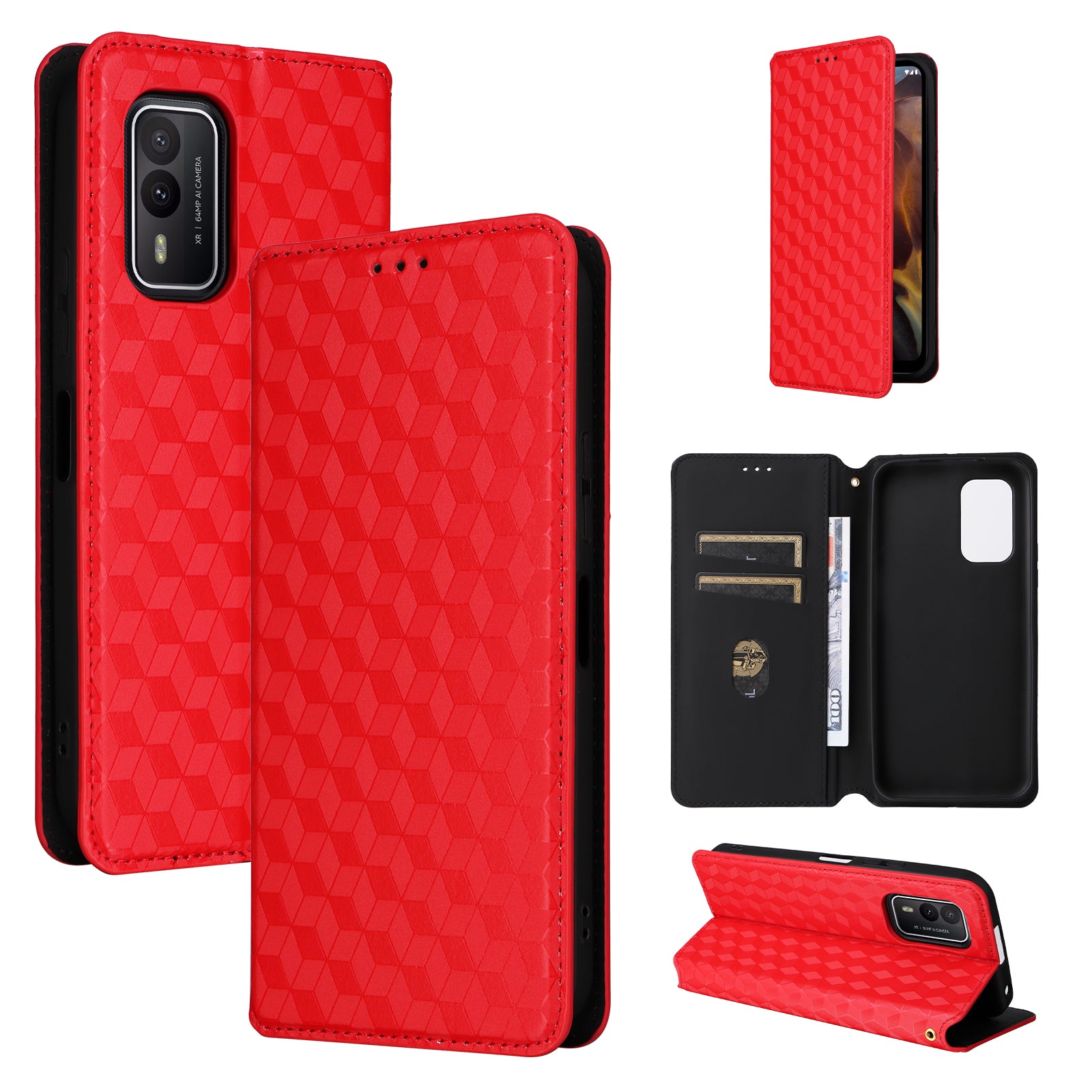 Rhombus Imprinted Shell for Nokia XR21 Bump Proof Phone Cover Stand PU Leather Case - Red