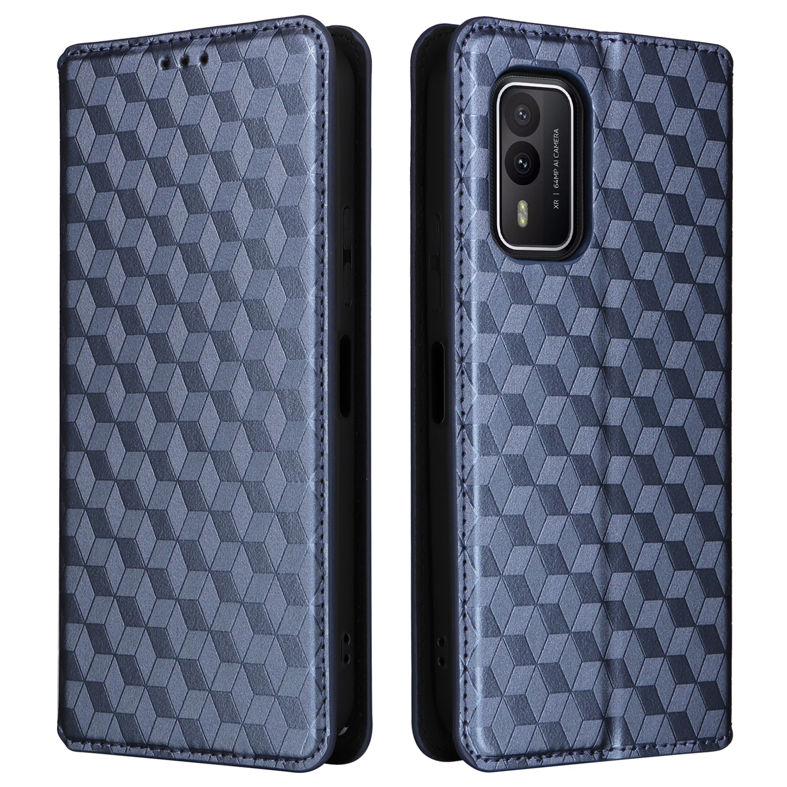 Rhombus Imprinted Shell for Nokia XR21 Bump Proof Phone Cover Stand PU Leather Case - Blue
