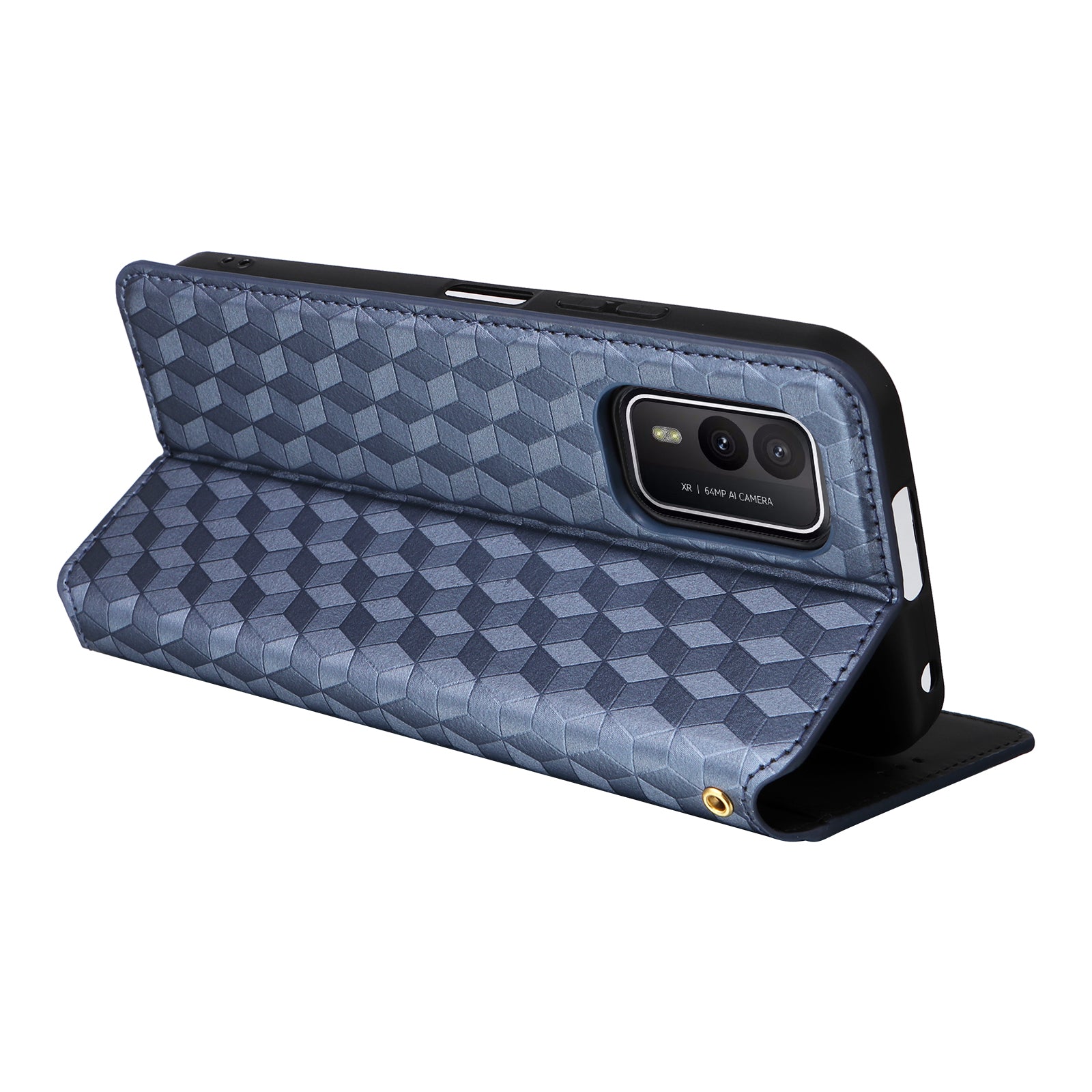 Rhombus Imprinted Shell for Nokia XR21 Bump Proof Phone Cover Stand PU Leather Case - Blue