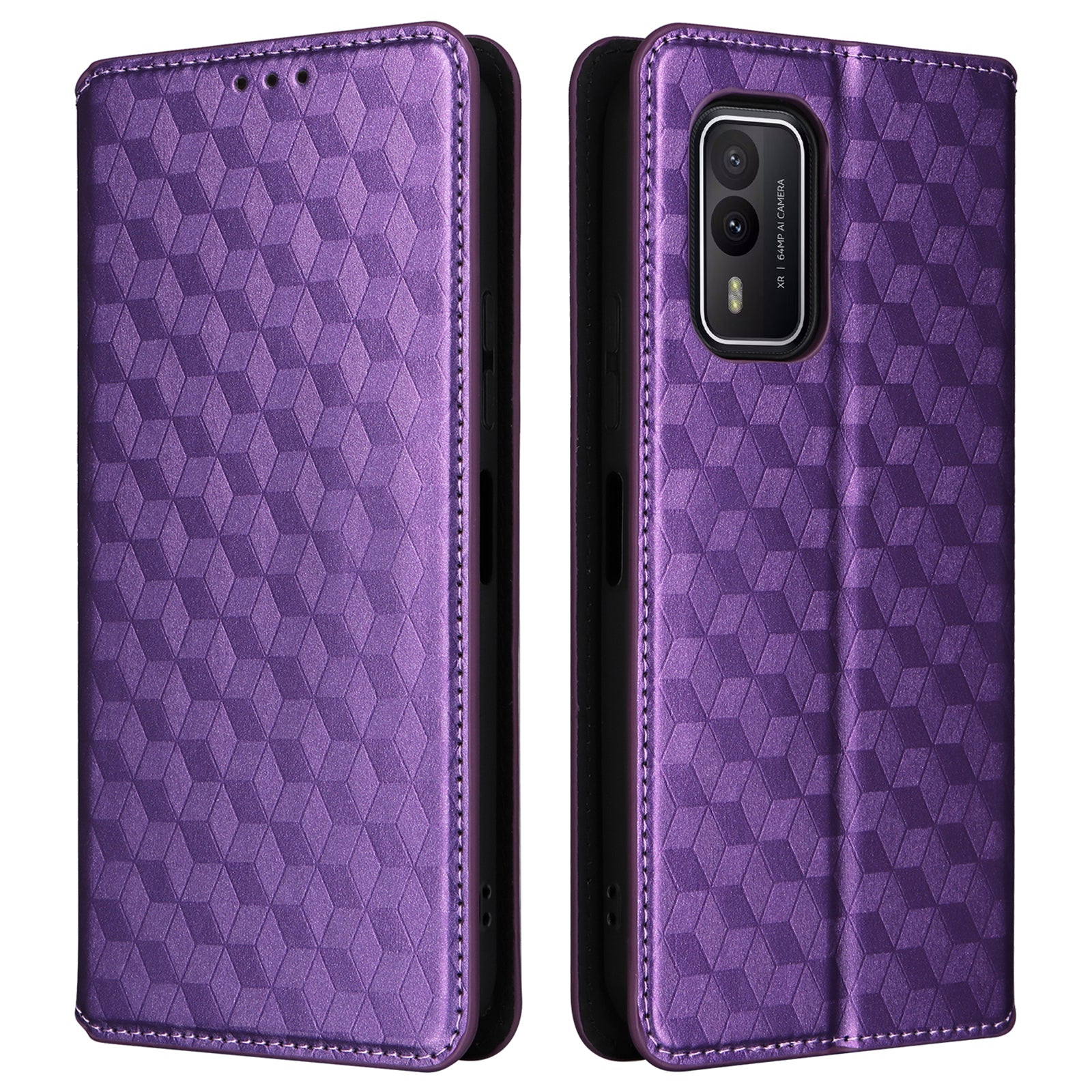 Rhombus Imprinted Shell for Nokia XR21 Bump Proof Phone Cover Stand PU Leather Case - Purple