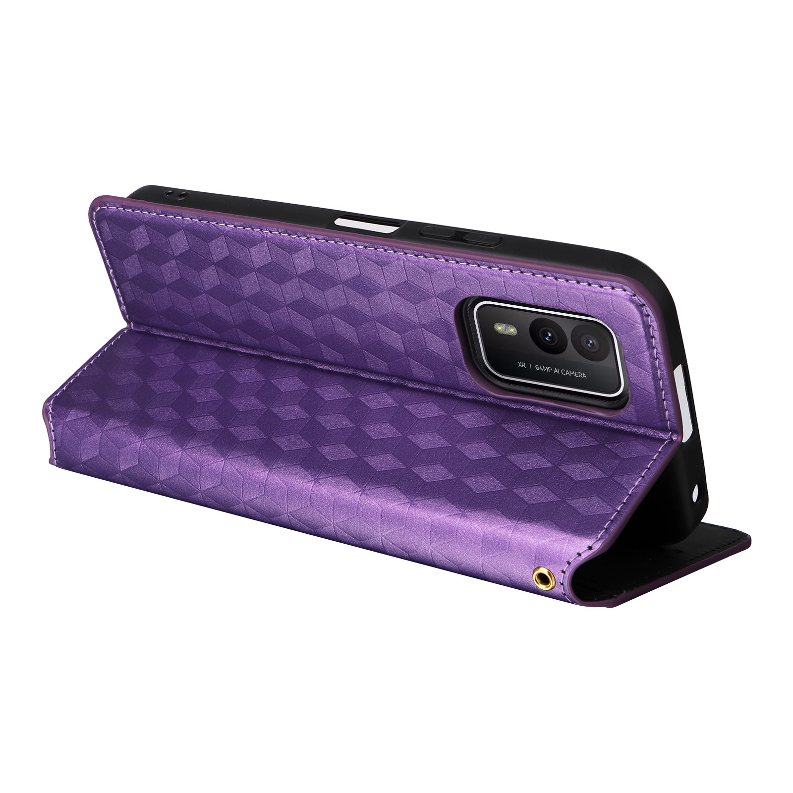 Rhombus Imprinted Shell for Nokia XR21 Bump Proof Phone Cover Stand PU Leather Case - Purple