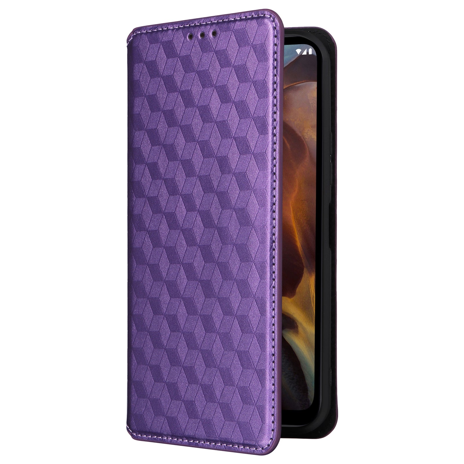 Rhombus Imprinted Shell for Nokia XR21 Bump Proof Phone Cover Stand PU Leather Case - Purple