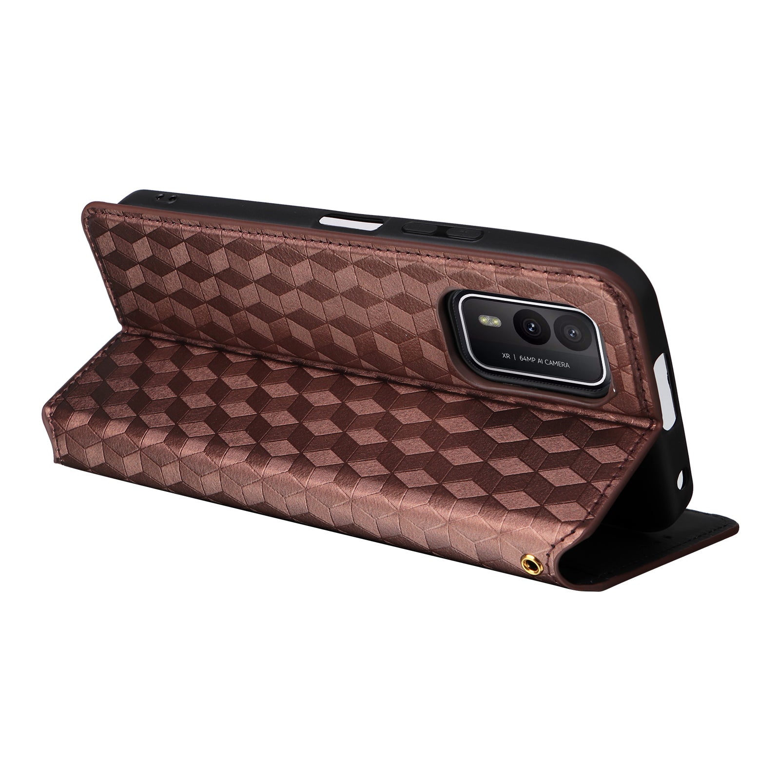 Rhombus Imprinted Shell for Nokia XR21 Bump Proof Phone Cover Stand PU Leather Case - Brown