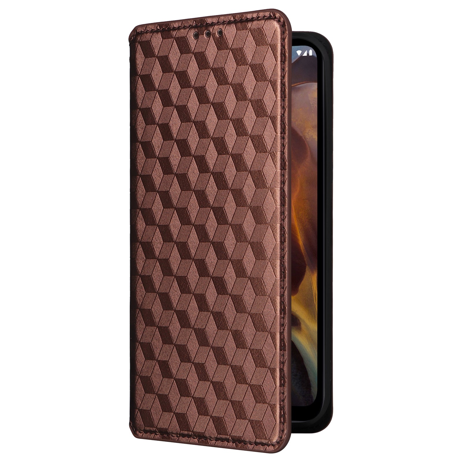 Rhombus Imprinted Shell for Nokia XR21 Bump Proof Phone Cover Stand PU Leather Case - Brown