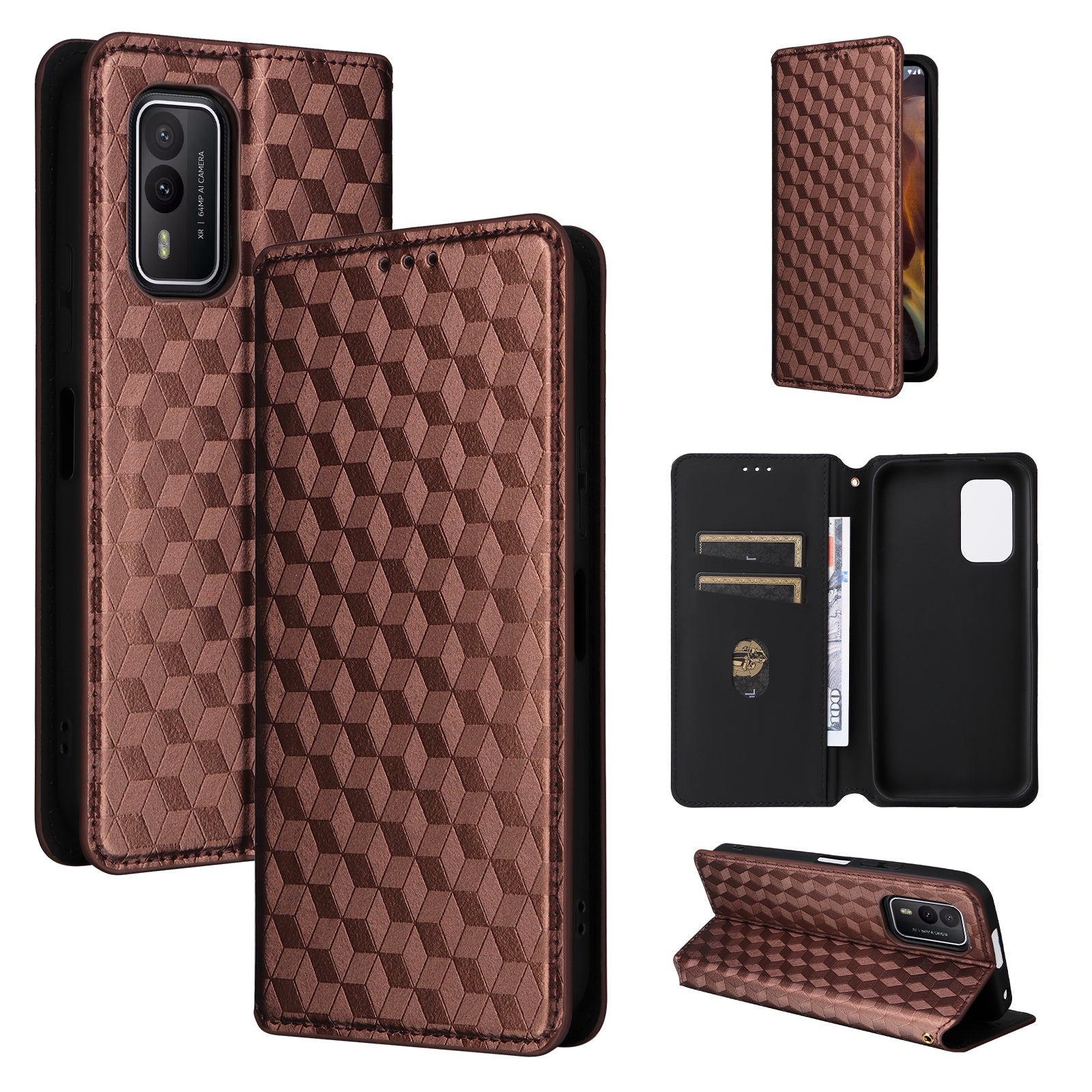 Rhombus Imprinted Shell for Nokia XR21 Bump Proof Phone Cover Stand PU Leather Case - Brown