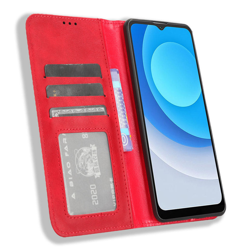Uniqkart for Blackview Oscal C30 / Oscal C30 Pro Retro PU Leather Wallet Case Stand Phone Protective Cover - Red