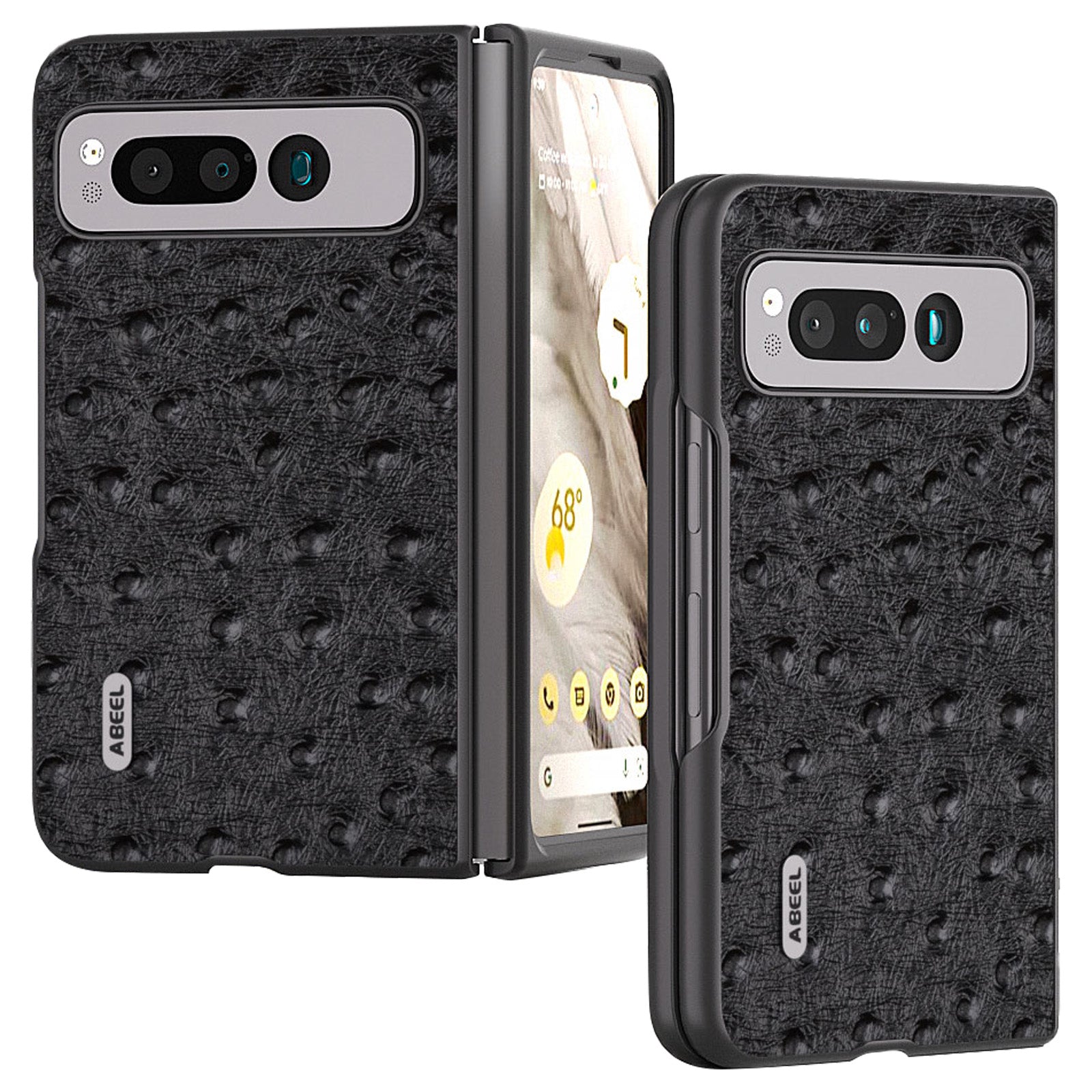 Uniqkart for Google Pixel Fold Phone Case Ostrich Texture Genuine Cow Leather + PC Cover - Black