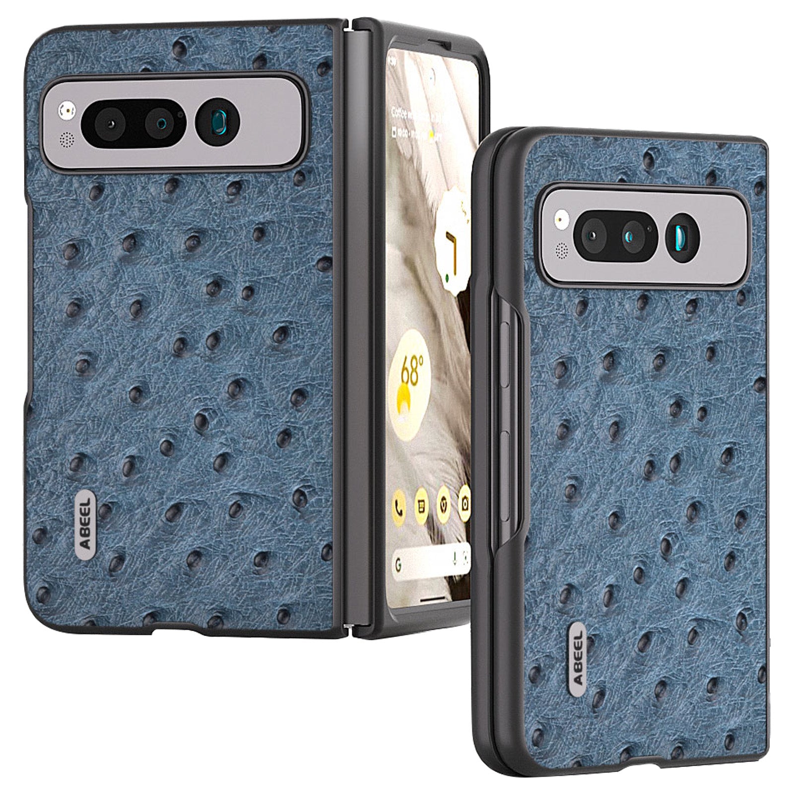 Uniqkart for Google Pixel Fold Phone Case Ostrich Texture Genuine Cow Leather + PC Cover - Blue