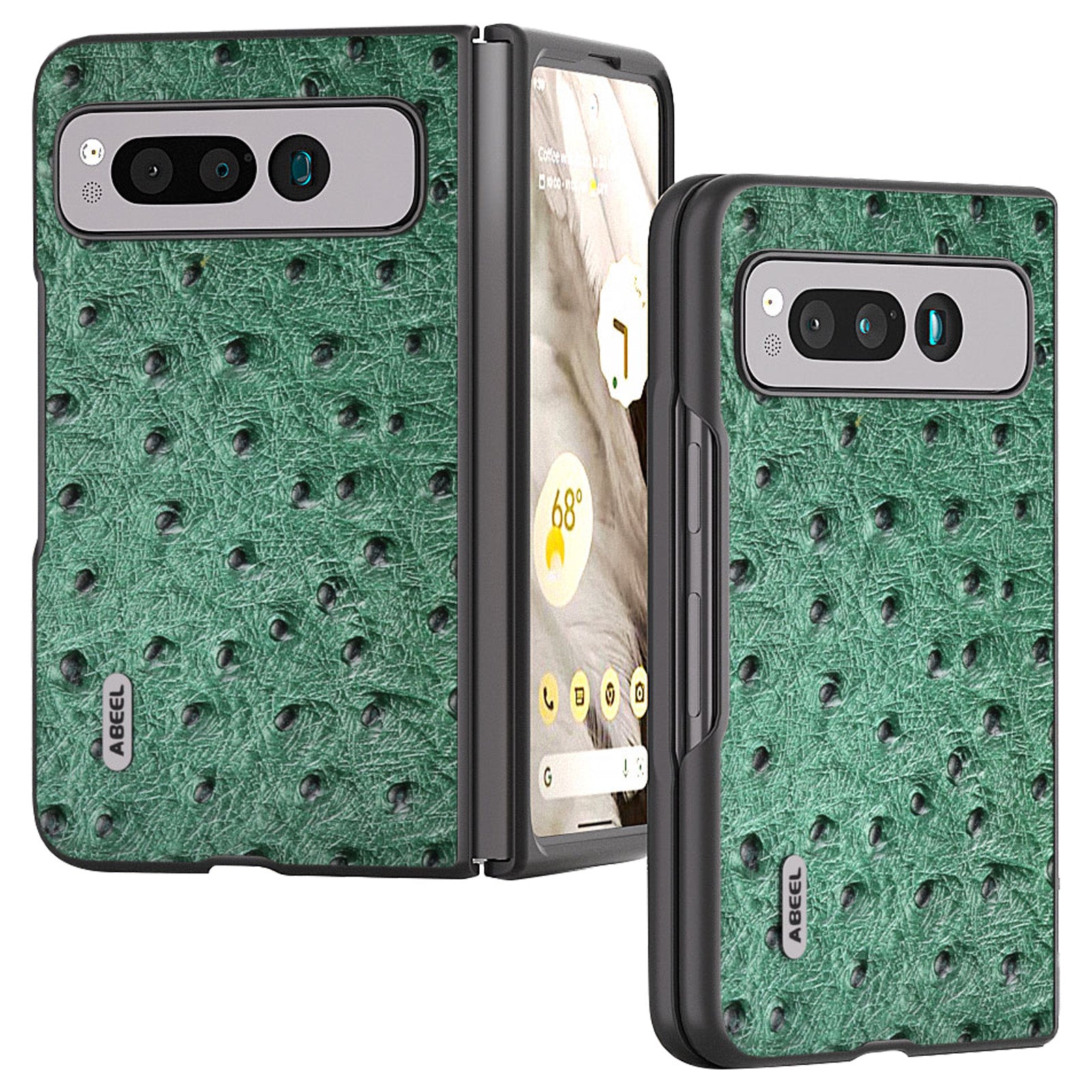 Uniqkart for Google Pixel Fold Phone Case Ostrich Texture Genuine Cow Leather + PC Cover - Green