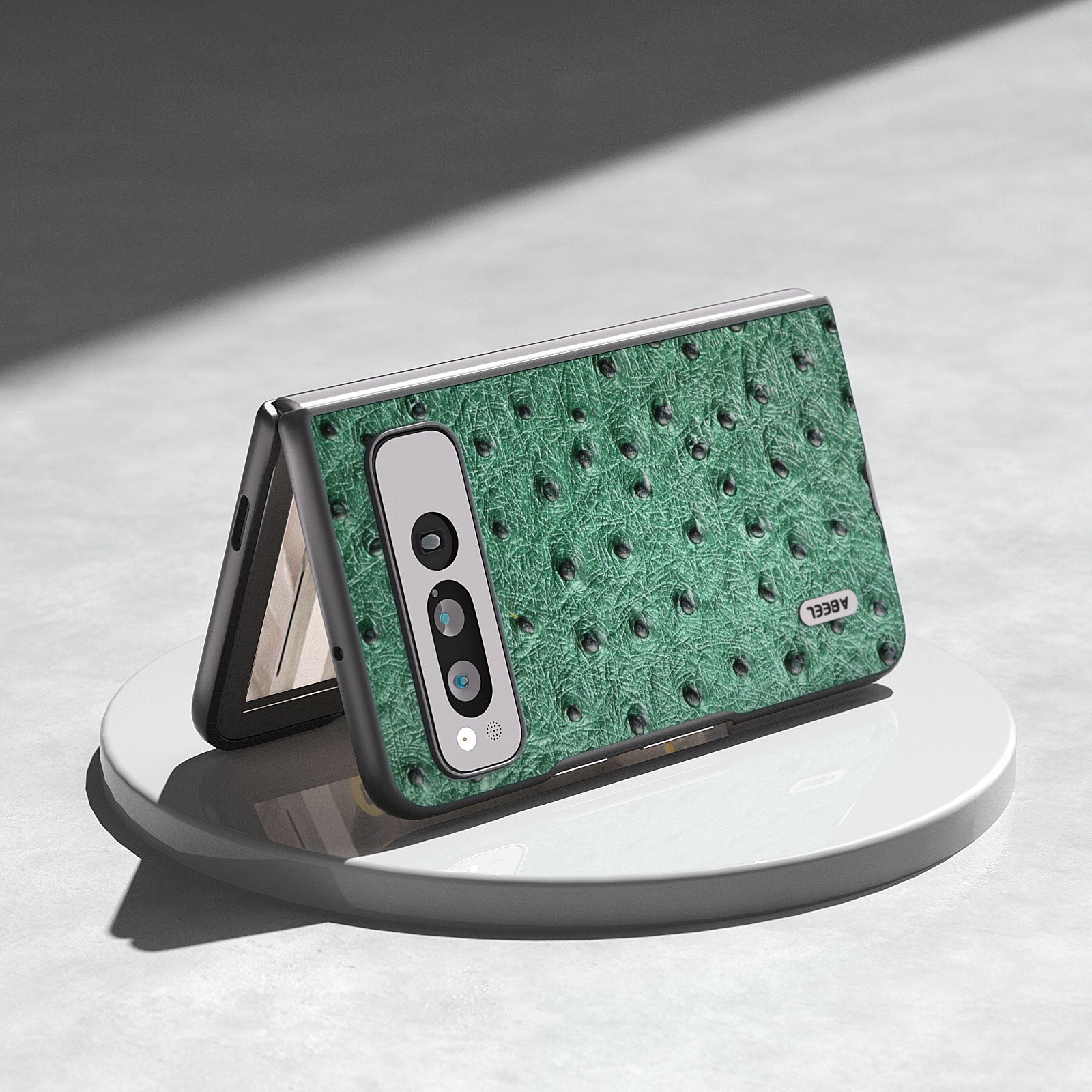 Uniqkart for Google Pixel Fold Phone Case Ostrich Texture Genuine Cow Leather + PC Cover - Green