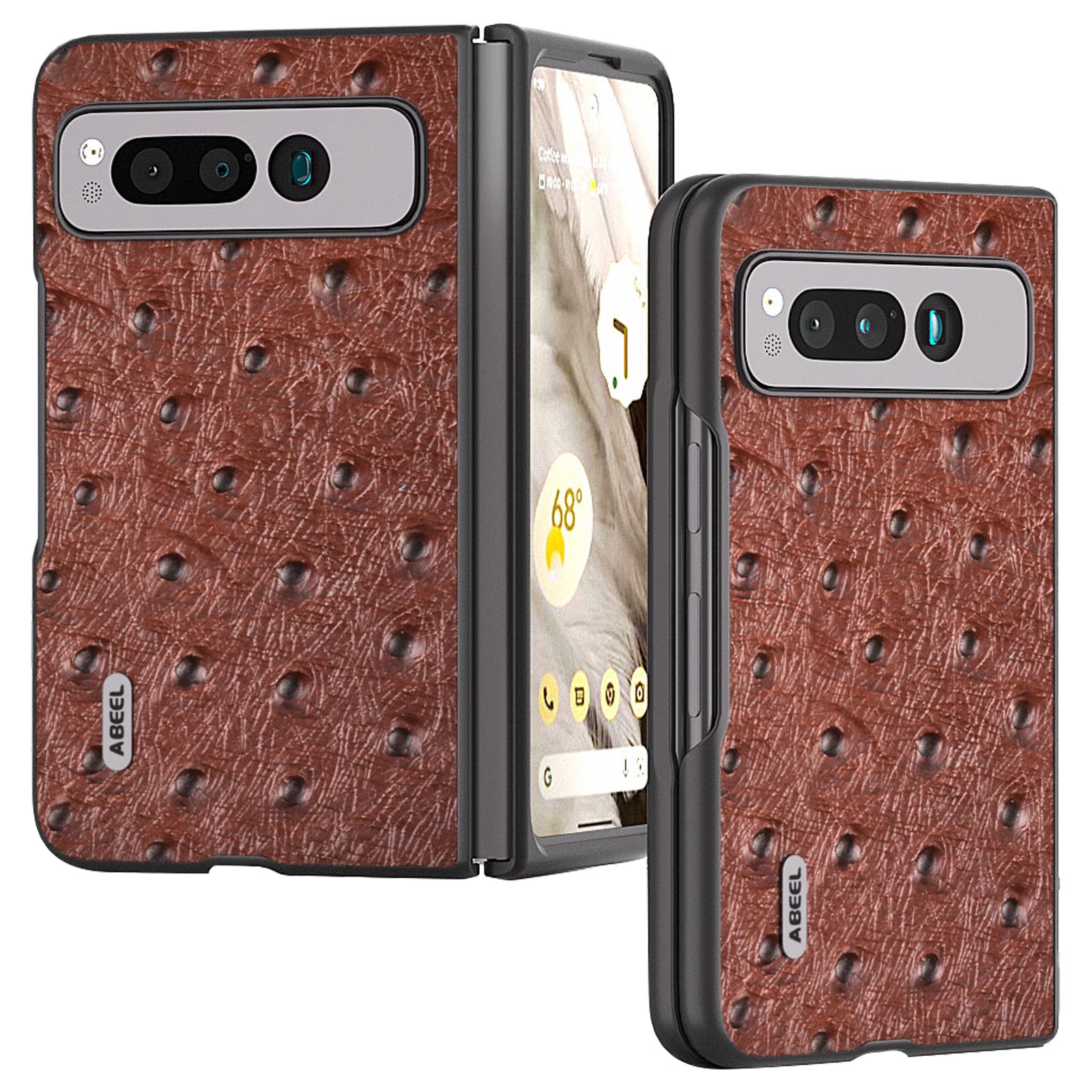 Uniqkart for Google Pixel Fold Phone Case Ostrich Texture Genuine Cow Leather + PC Cover - Coffee