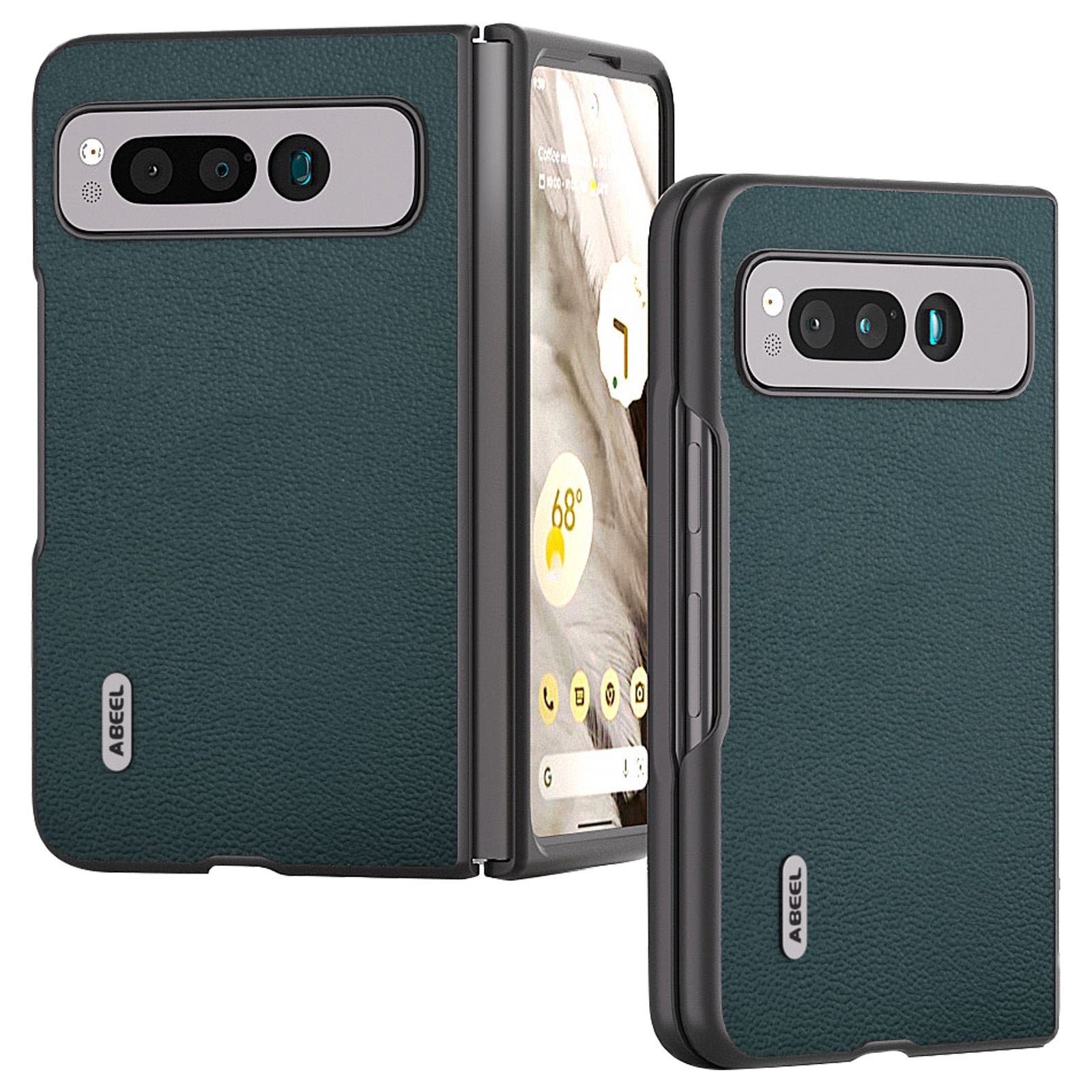 Uniqkart for Google Pixel Fold Protective Cover Genuine Cow Leather + PC Litchi Texture Phone Case - Midnight Green