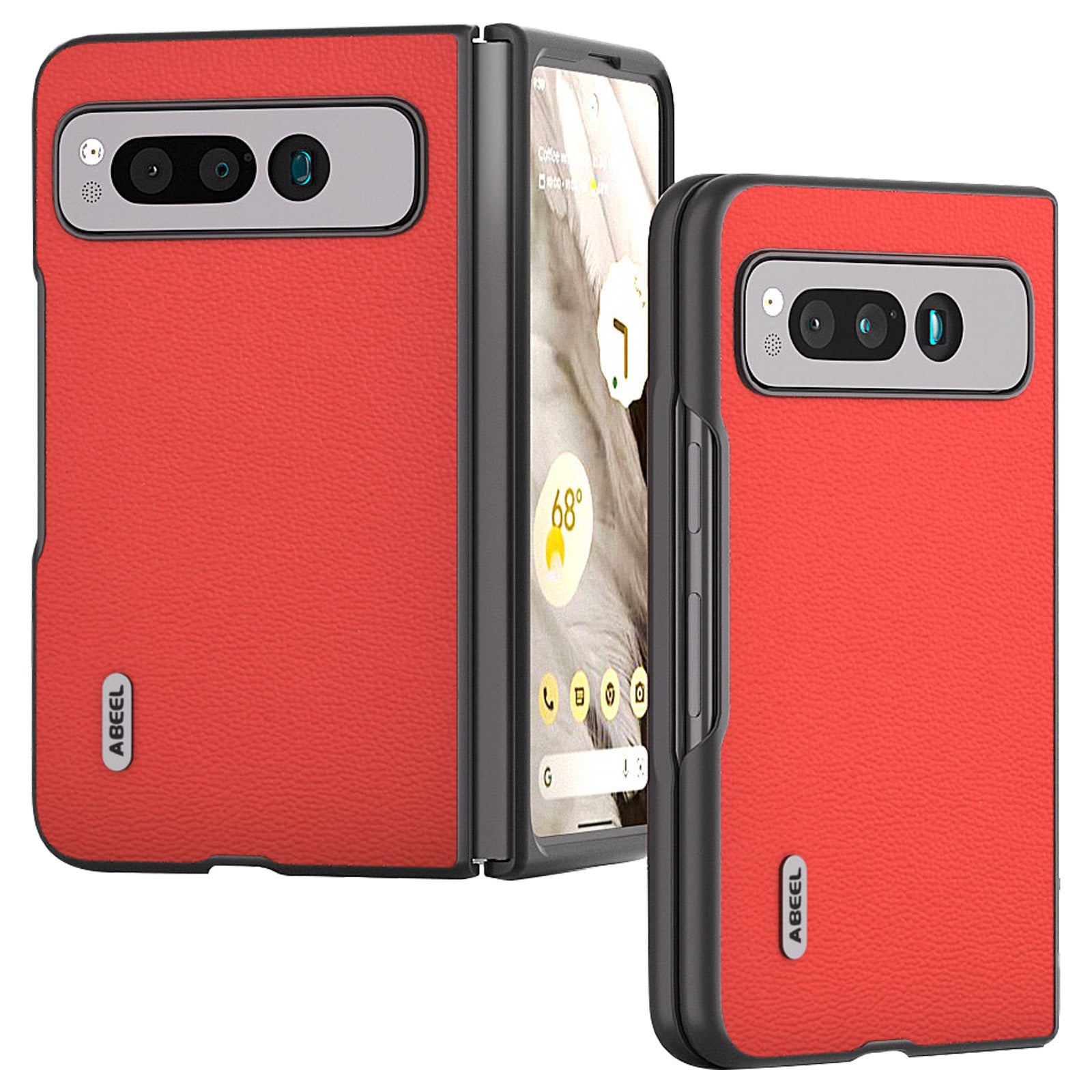 Uniqkart for Google Pixel Fold Protective Cover Genuine Cow Leather + PC Litchi Texture Phone Case - Red