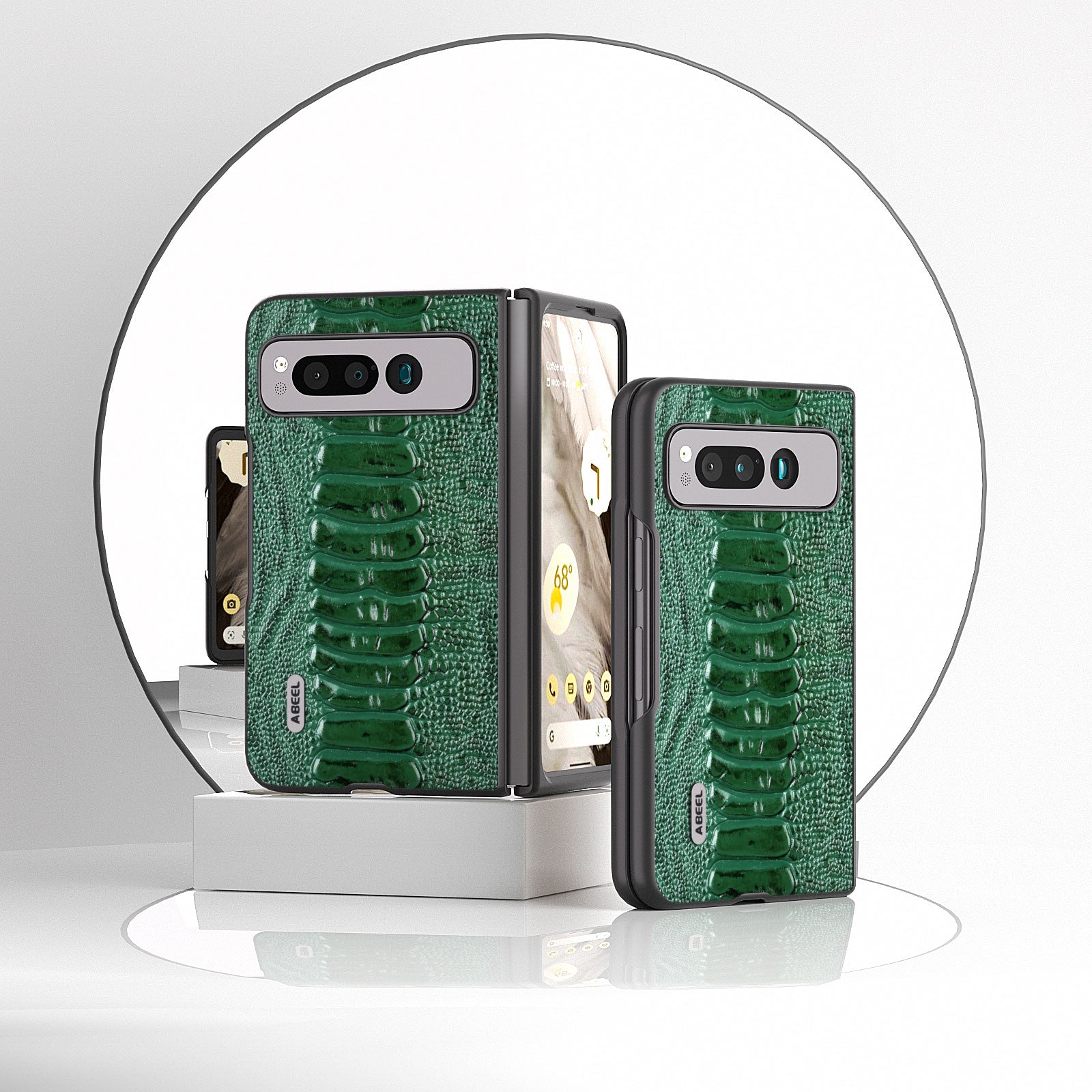 Uniqkart for Google Pixel Fold Crocodile Texture Phone Case Genuine Cow Leather+PC Anti-Fall Cover - Green
