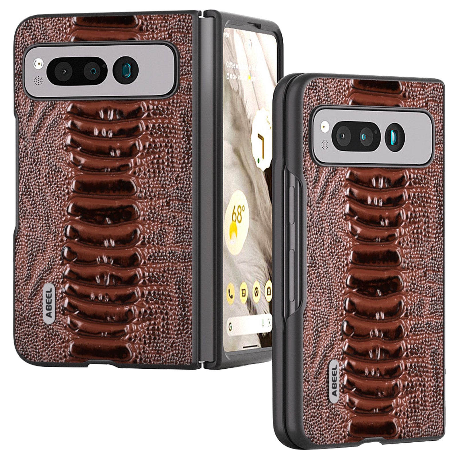 Uniqkart for Google Pixel Fold Crocodile Texture Phone Case Genuine Cow Leather+PC Anti-Fall Cover - Brown