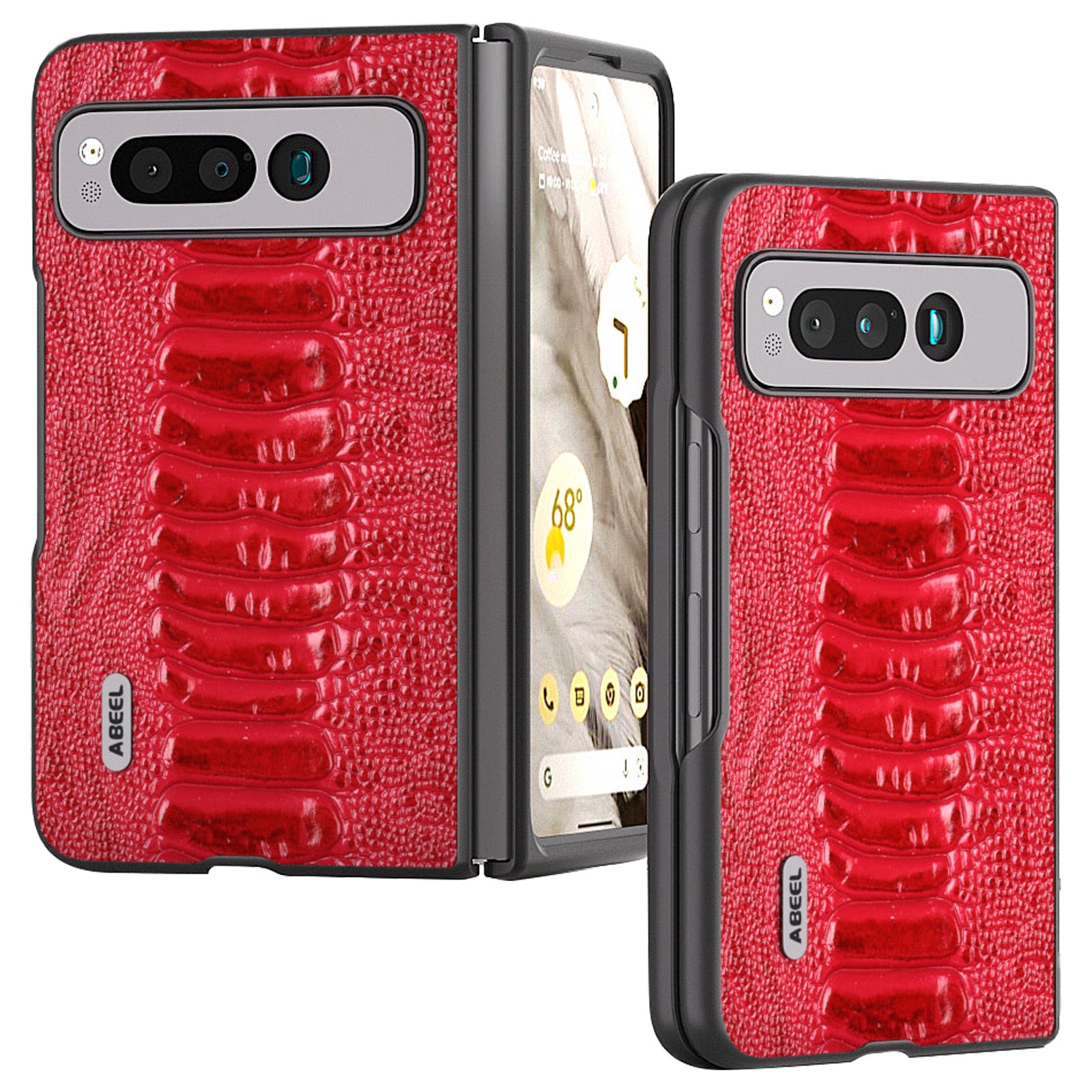 Uniqkart for Google Pixel Fold Crocodile Texture Phone Case Genuine Cow Leather+PC Anti-Fall Cover - Red