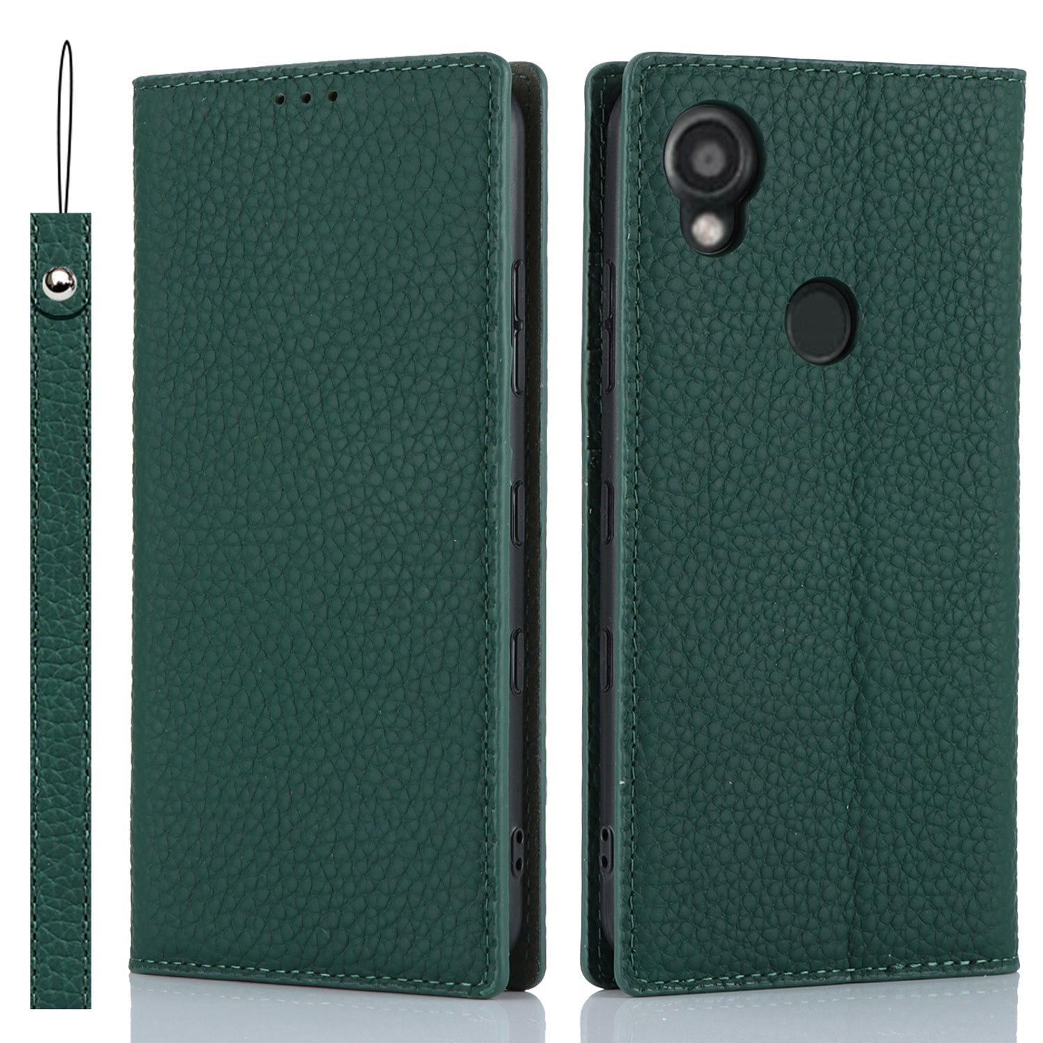 Wallet Cover for Kyocera Digno SX3 KYG02 Litchi Texture Genuine Cow Leather Phone Stand Case with Strap - Green