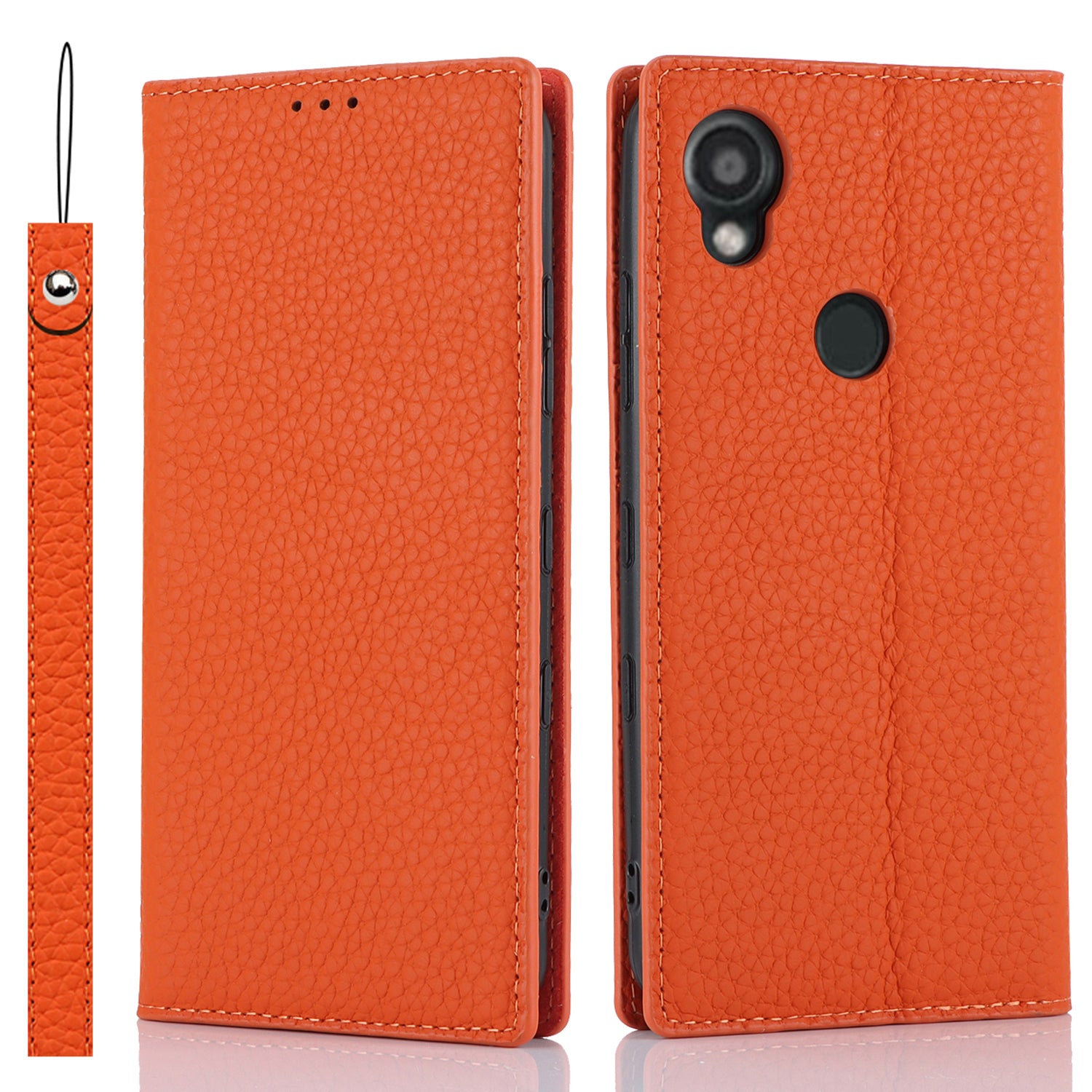 Wallet Cover for Kyocera Digno SX3 KYG02 Litchi Texture Genuine Cow Leather Phone Stand Case with Strap - Orange