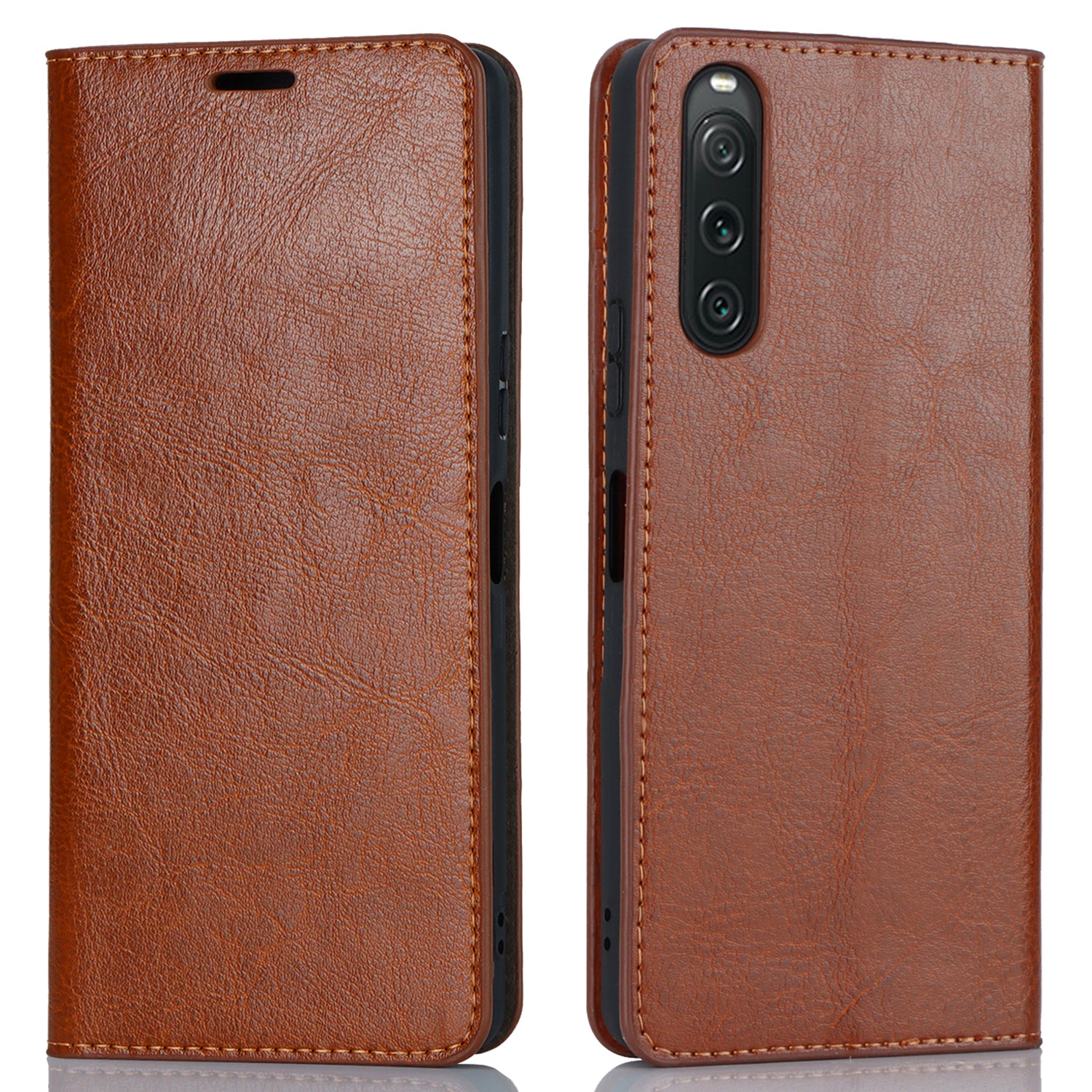Stand Wallet for Sony Xperia 10 V Crazy Horse Texture Phone Case Genuine Cow Leather Cover - Light Brown