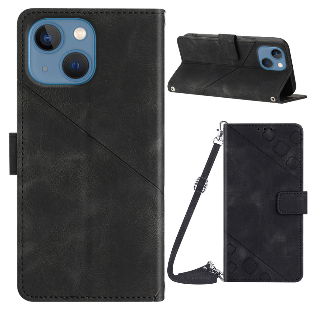 PT005 YB Imprinting Series-7 for iPhone 15 Cell Phone Stand Case Skin-touch Feeling Leather Cover Wallet - Black