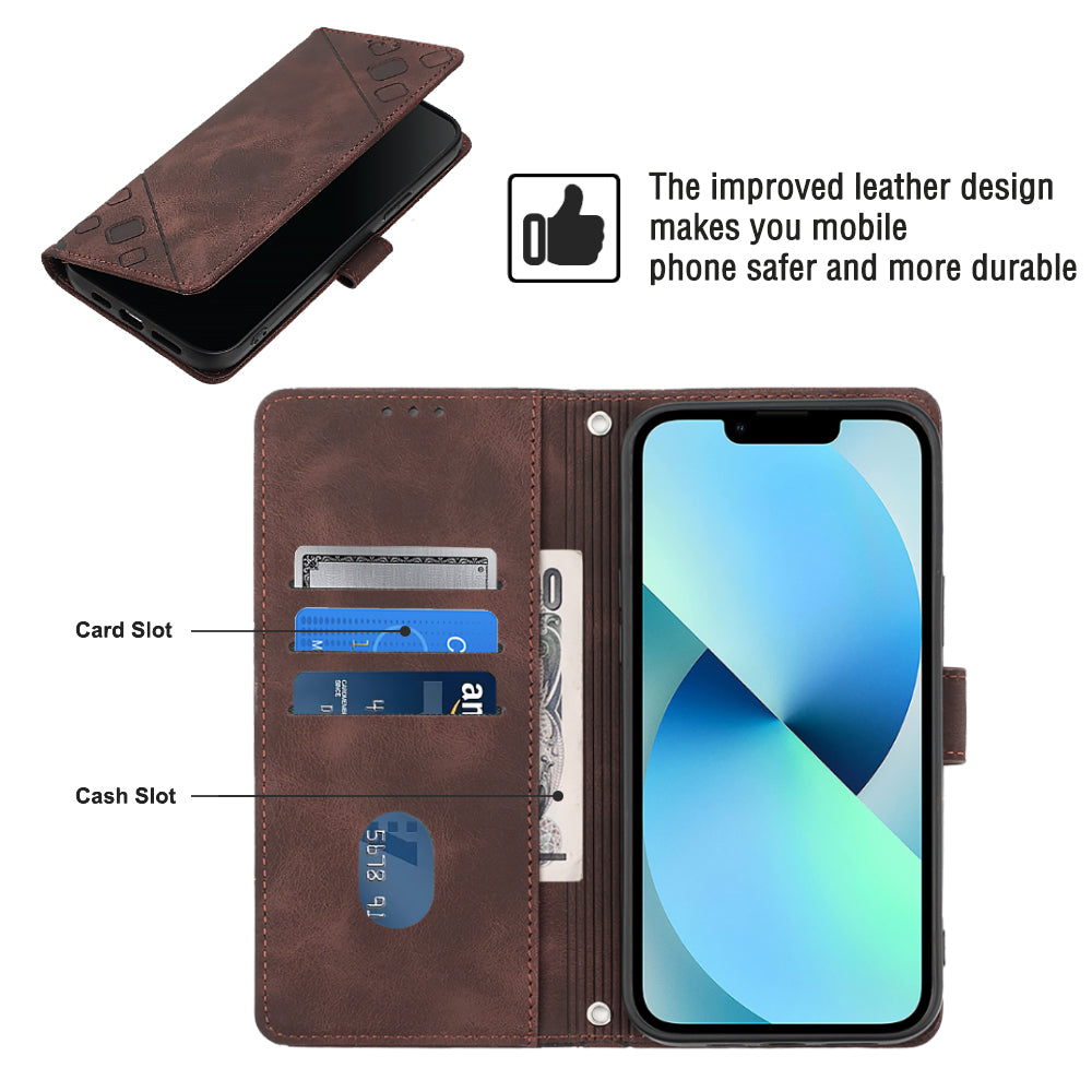 PT005 YB Imprinting Series-7 for iPhone 15 Cell Phone Stand Case Skin-touch Feeling Leather Cover Wallet - Brown