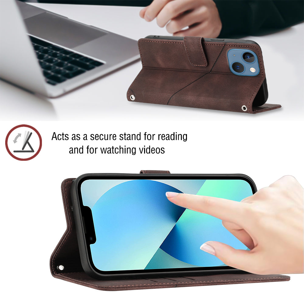PT005 YB Imprinting Series-7 for iPhone 15 Cell Phone Stand Case Skin-touch Feeling Leather Cover Wallet - Brown