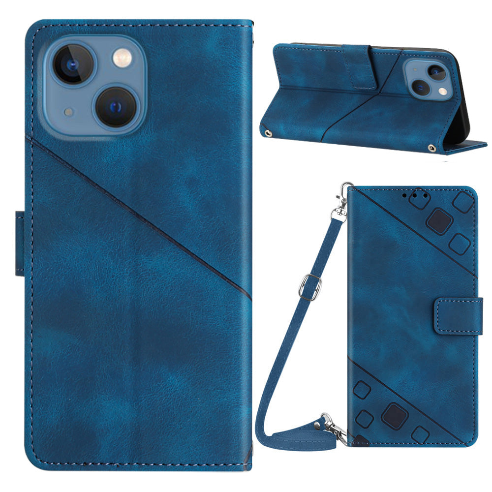 PT005 YB Imprinting Series-7 for iPhone 15 Cell Phone Stand Case Skin-touch Feeling Leather Cover Wallet - Sapphire