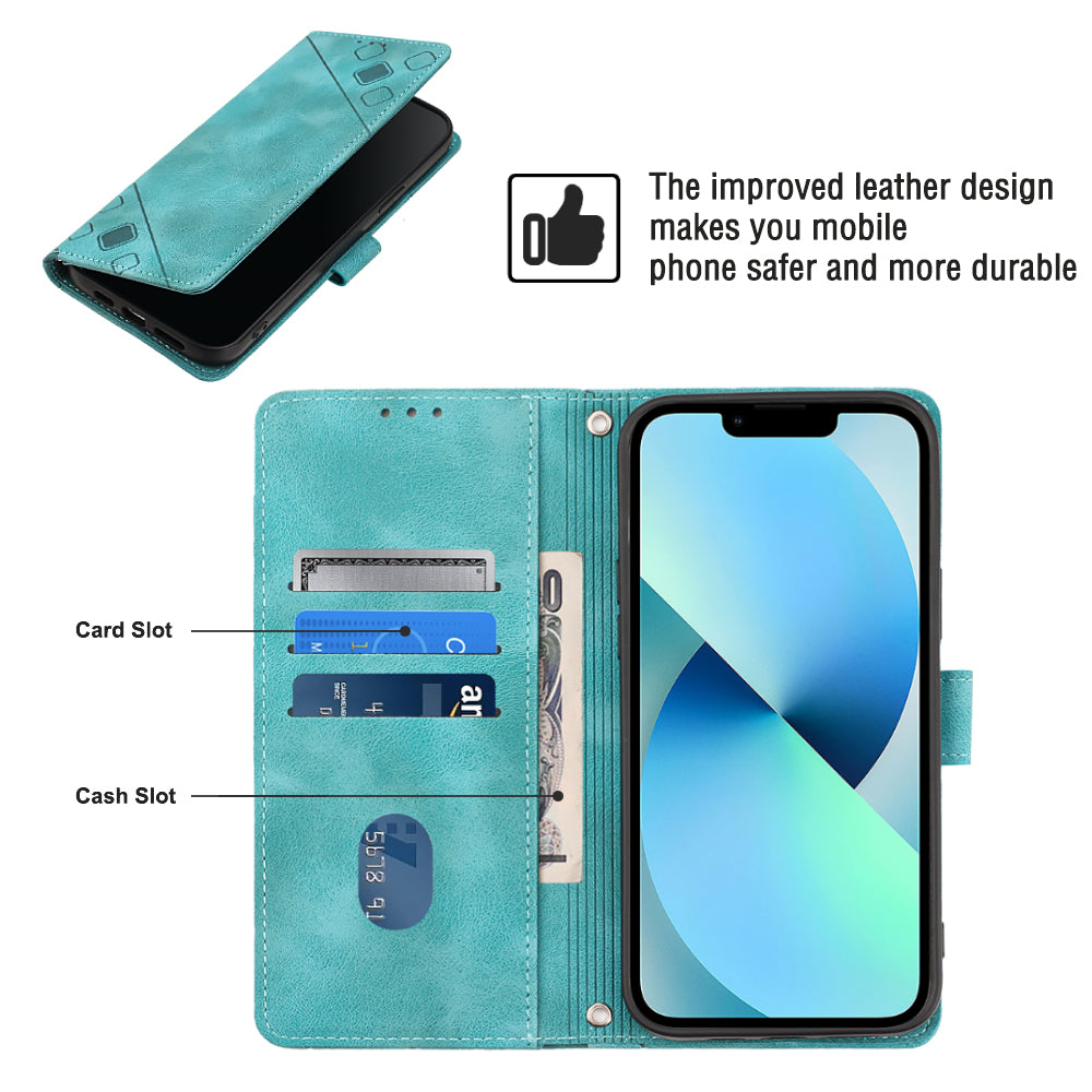 PT005 YB Imprinting Series-7 for iPhone 15 Cell Phone Stand Case Skin-touch Feeling Leather Cover Wallet - Green