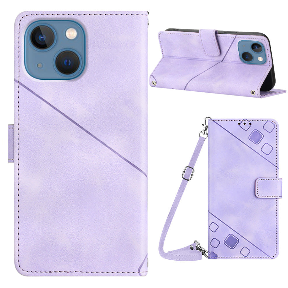 PT005 YB Imprinting Series-7 for iPhone 15 Cell Phone Stand Case Skin-touch Feeling Leather Cover Wallet - Light Purple
