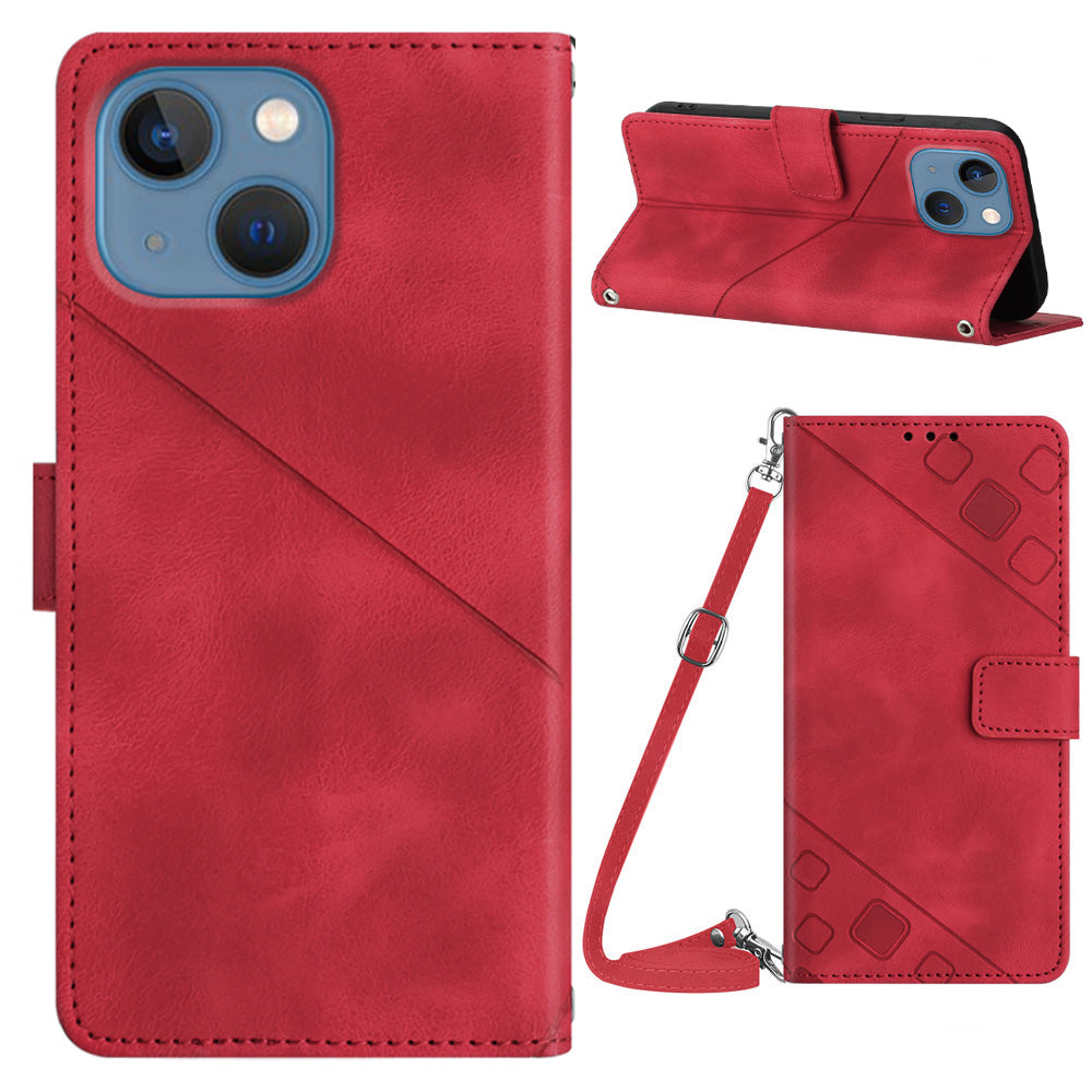 PT005 YB Imprinting Series-7 for iPhone 15 Cell Phone Stand Case Skin-touch Feeling Leather Cover Wallet - Red