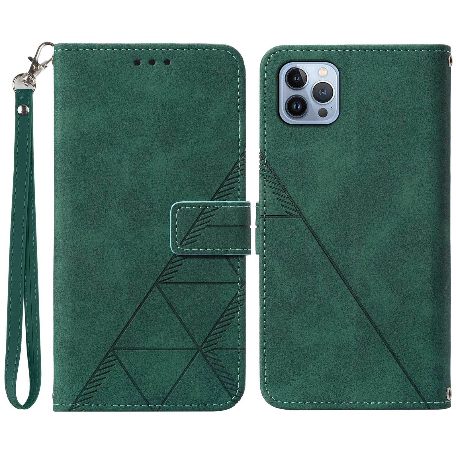 YB Imprinting Series-1 for iPhone 15 Pro Wallet Stand Leather Phone Cover Imprinted Phone Case with Hand Strap - Blackish Green